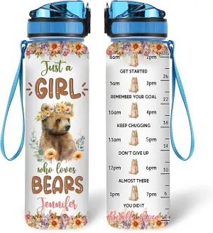 Hyturtle Personalized Bear Lovers 32 Oz 1Liter Motivational Water Bottle With Time Marker, Just A Girl Who Loves Bears, Animal Lovers Gifts For Women, Girl On Birthday, Christmas