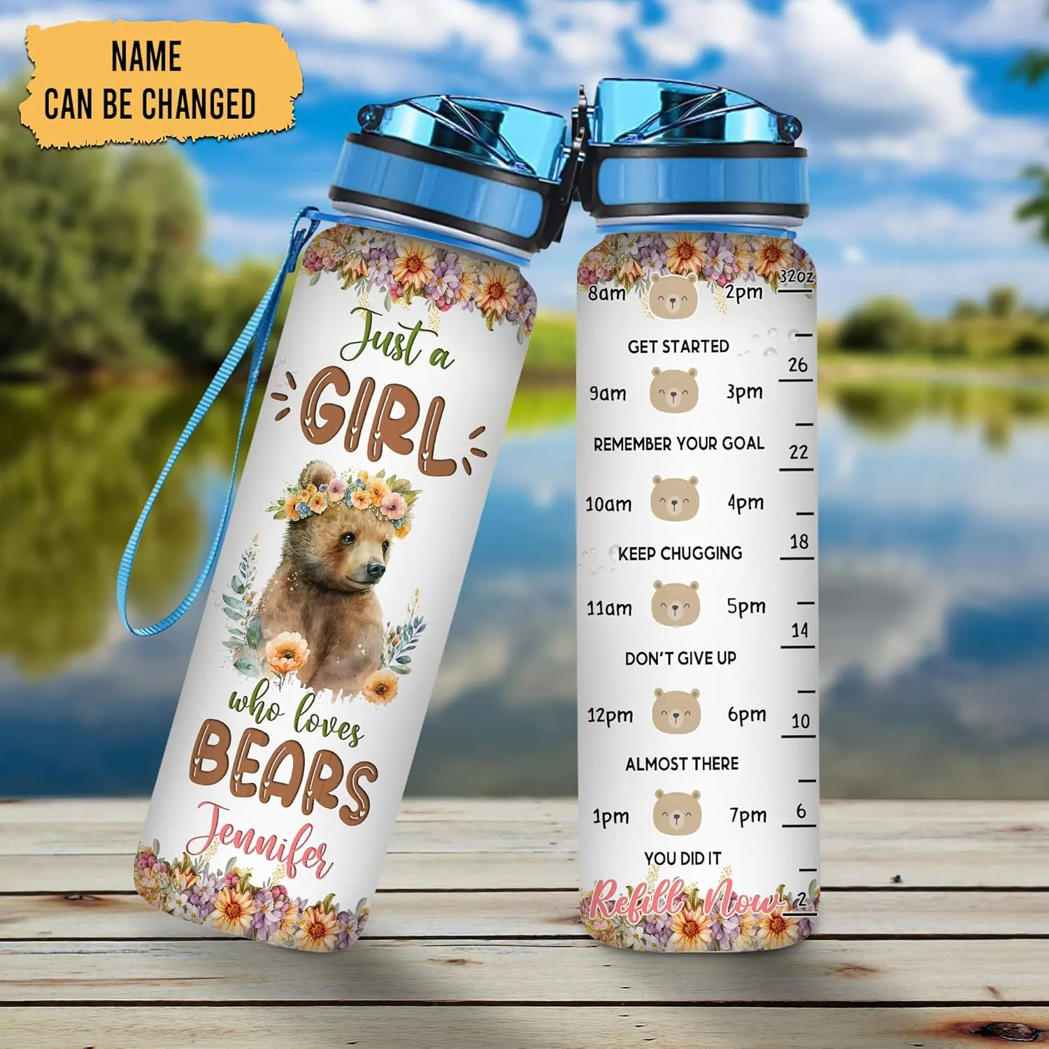 Hyturtle Personalized Bear Lovers 32 Oz 1Liter Motivational Water Bottle With Time Marker, Just A Girl Who Loves Bears, Animal Lovers Gifts For Women, Girl On Birthday, Christmas
