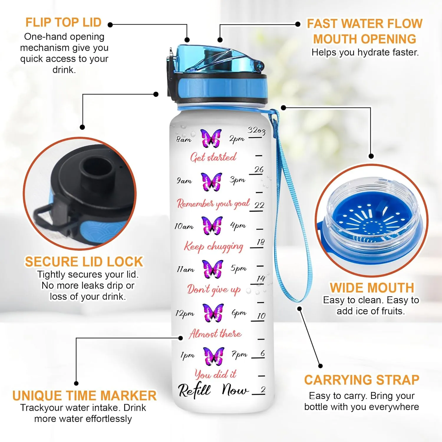 Hyturtle Personalized Butterfly Water Bottle - 32oz Motivational Water Bottle with Time Marker & Leak-Proof Lid - Custom Name Gift for Women, Girls, Butterfly & Sunflower Lovers On Birthday Christmas