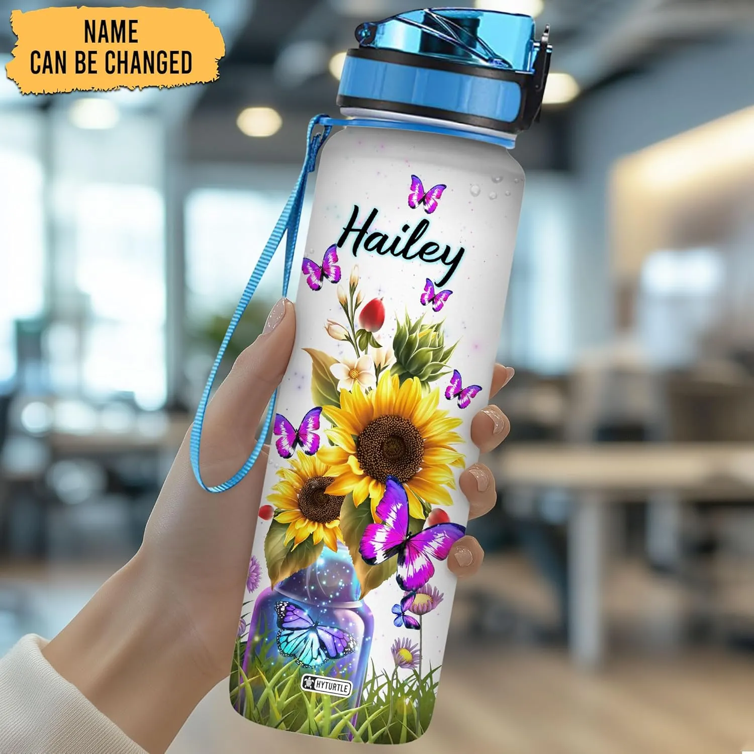 Hyturtle Personalized Butterfly Water Bottle - 32oz Motivational Water Bottle with Time Marker & Leak-Proof Lid - Custom Name Gift for Women, Girls, Butterfly & Sunflower Lovers On Birthday Christmas