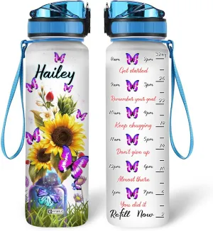 Hyturtle Personalized Butterfly Water Bottle - 32oz Motivational Water Bottle with Time Marker & Leak-Proof Lid - Custom Name Gift for Women, Girls, Butterfly & Sunflower Lovers On Birthday Christmas