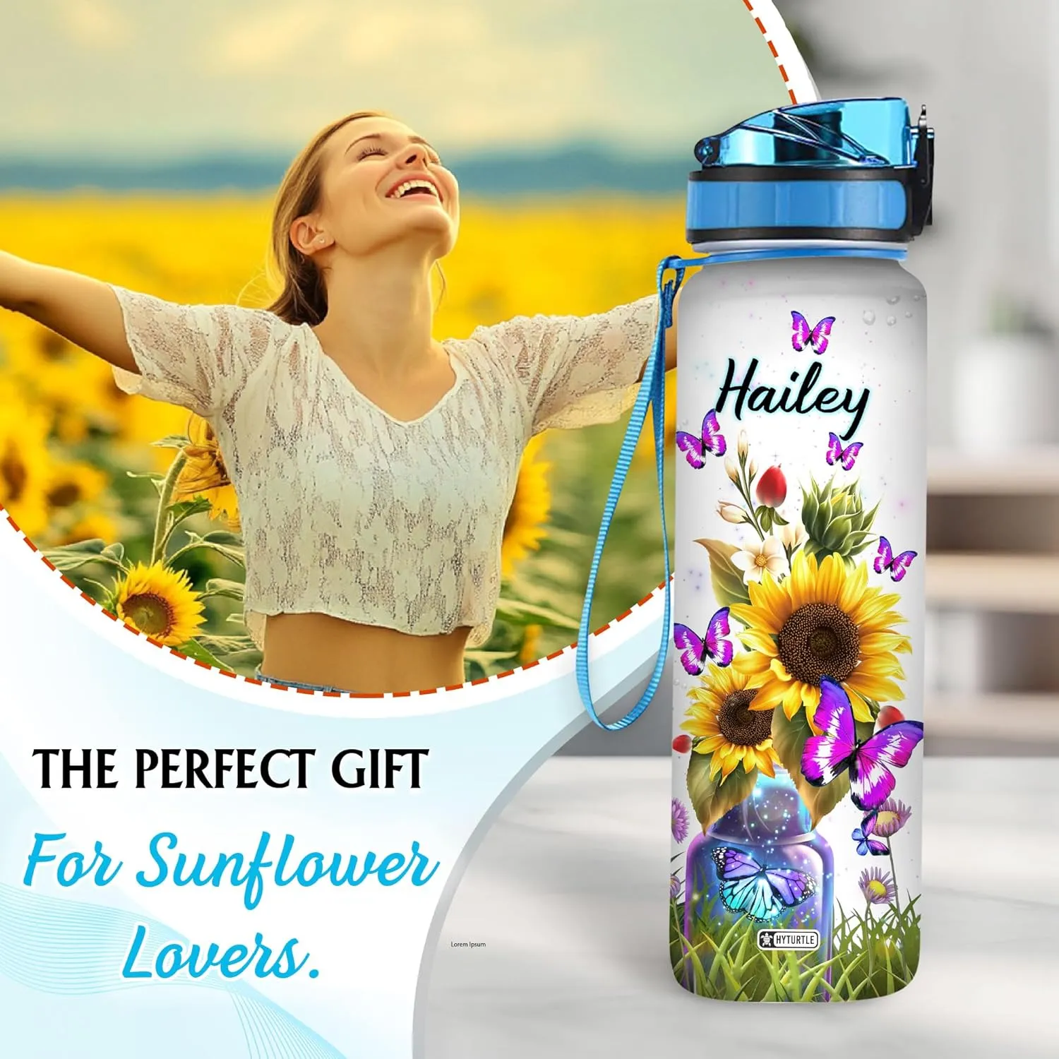Hyturtle Personalized Butterfly Water Bottle - 32oz Motivational Water Bottle with Time Marker & Leak-Proof Lid - Custom Name Gift for Women, Girls, Butterfly & Sunflower Lovers On Birthday Christmas