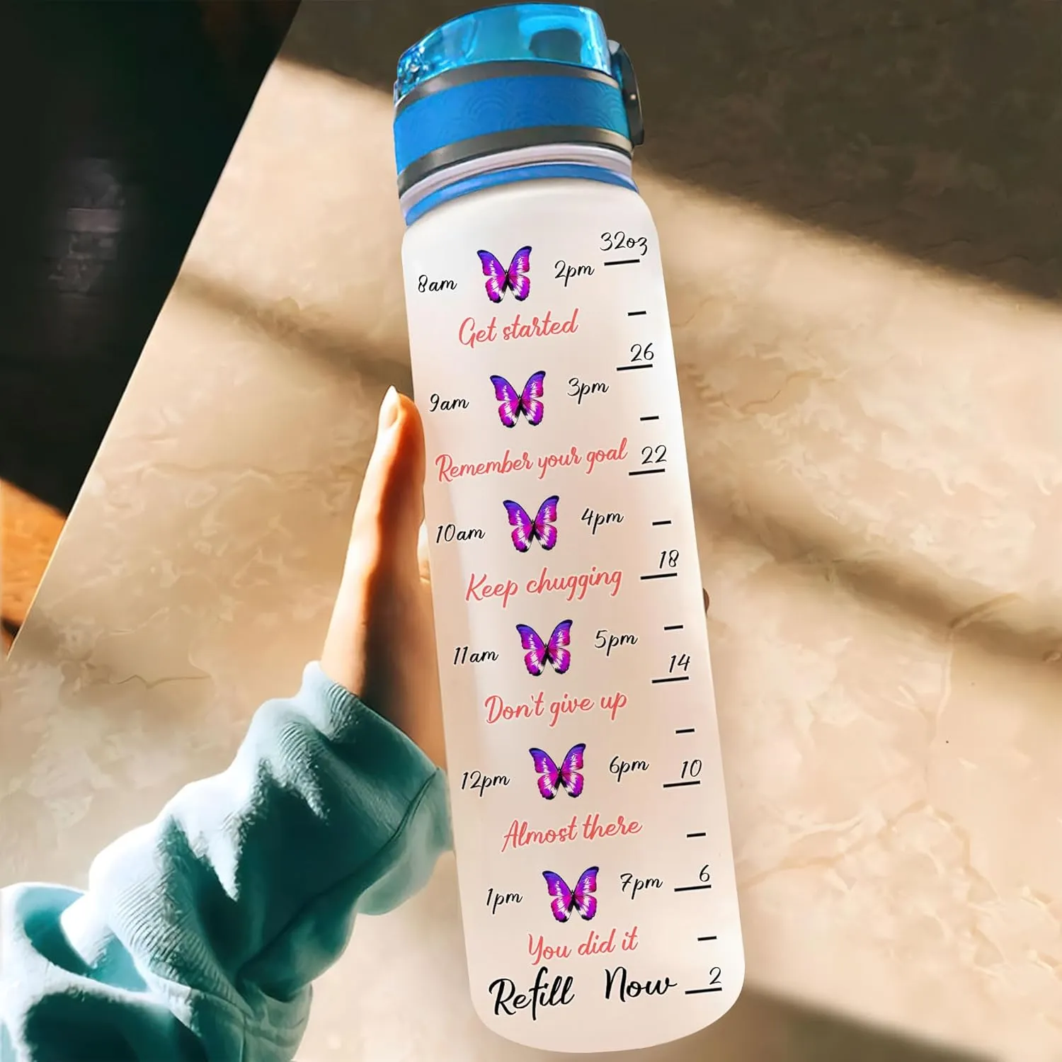 Hyturtle Personalized Butterfly Water Bottle - 32oz Motivational Water Bottle with Time Marker & Leak-Proof Lid - Custom Name Gift for Women, Girls, Butterfly & Sunflower Lovers On Birthday Christmas