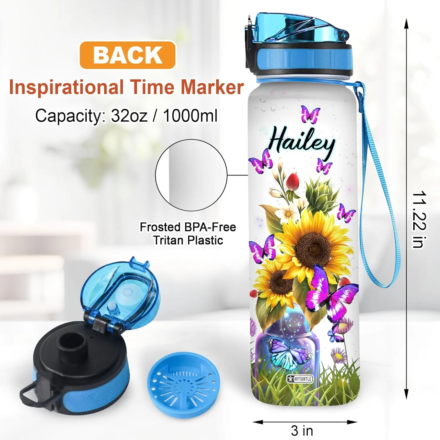 Hyturtle Personalized Butterfly Water Bottle - 32oz Motivational Water Bottle with Time Marker & Leak-Proof Lid - Custom Name Gift for Women, Girls, Butterfly & Sunflower Lovers On Birthday Christmas
