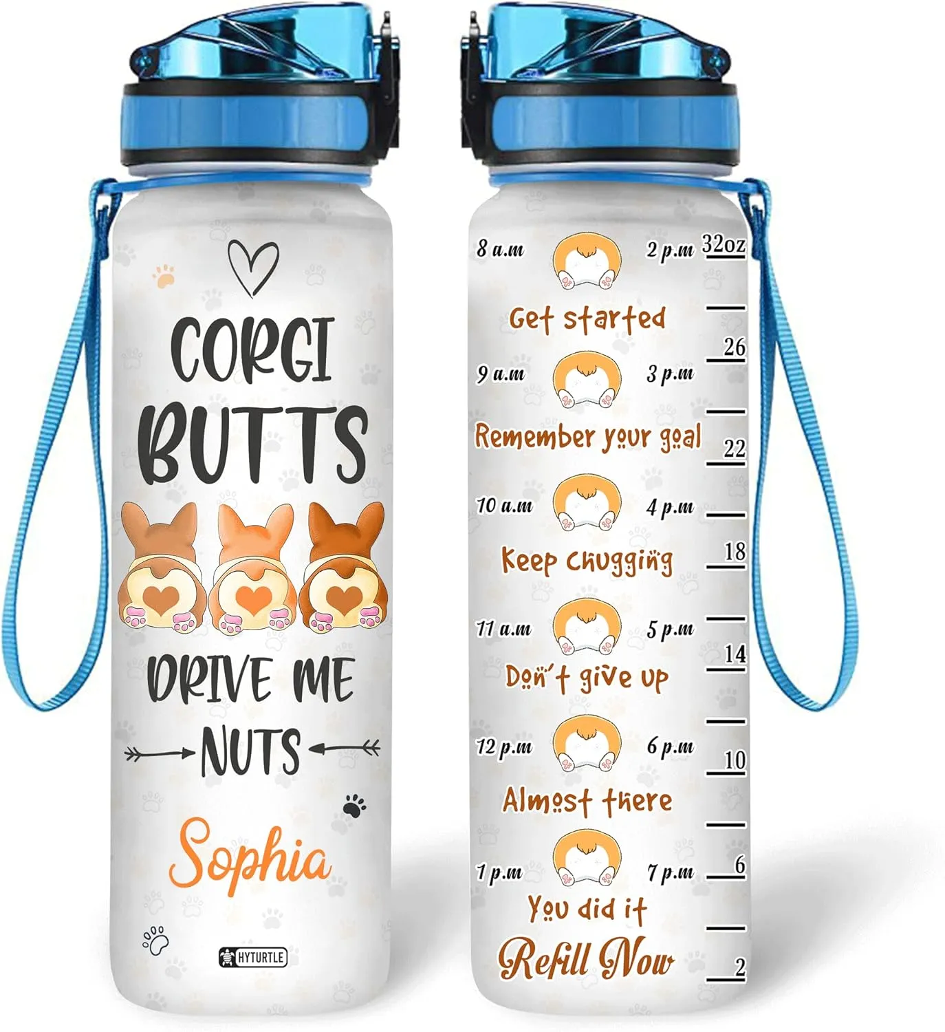 Hyturtle Personalized Corgi Butts Drive Me Nuts 32oz Liter Motivational Water Bottle, Customized Name With Time Marker, Gifts For Women Girl Friend Family Corgi Lover Dog Lover On Birthday