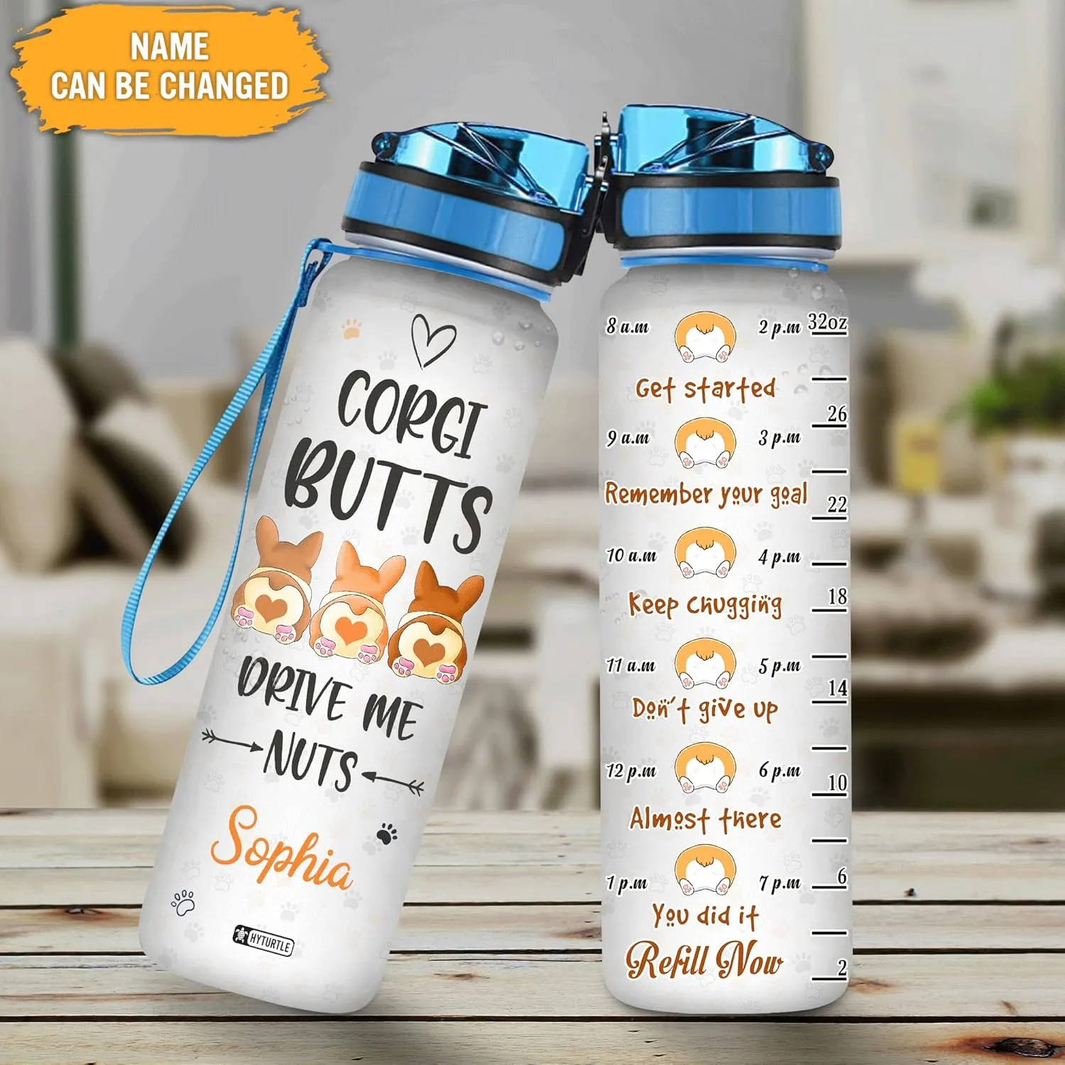 Hyturtle Personalized Corgi Butts Drive Me Nuts 32oz Liter Motivational Water Bottle, Customized Name With Time Marker, Gifts For Women Girl Friend Family Corgi Lover Dog Lover On Birthday