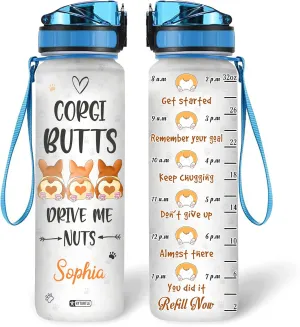 Hyturtle Personalized Corgi Butts Drive Me Nuts 32oz Liter Motivational Water Bottle, Customized Name With Time Marker, Gifts For Women Girl Friend Family Corgi Lover Dog Lover On Birthday