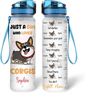 Hyturtle Personalized Corgi Lovers 32 Oz 1Liter Motivational Water Bottle, Just A Girl Who Loves Corgis Custom Name Water Bottle With Time Marker, Dog Lover Gifts For Women Girl On Birthday
