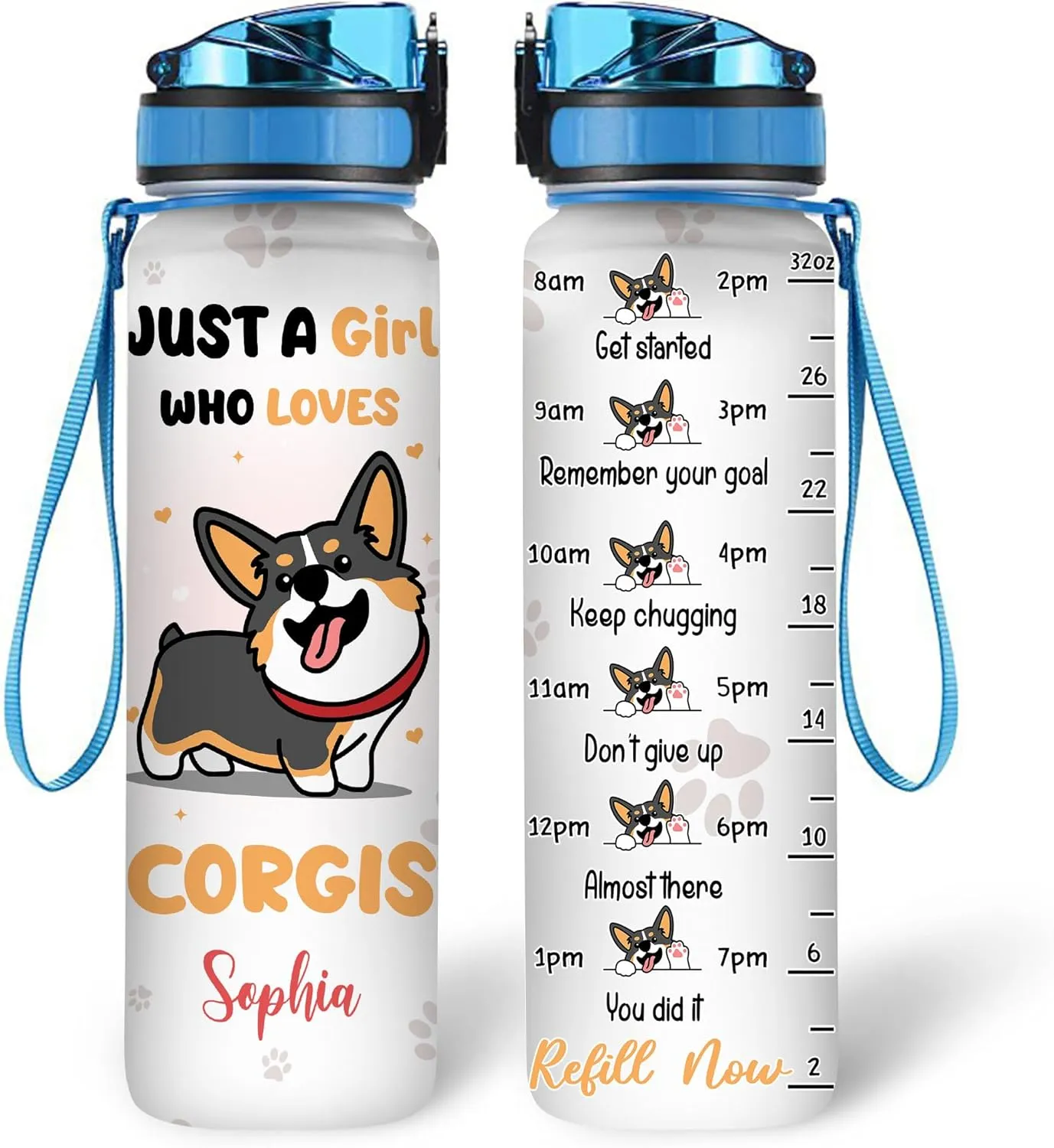 Hyturtle Personalized Corgi Lovers 32 Oz 1Liter Motivational Water Bottle, Just A Girl Who Loves Corgis Custom Name Water Bottle With Time Marker, Dog Lover Gifts For Women Girl On Birthday