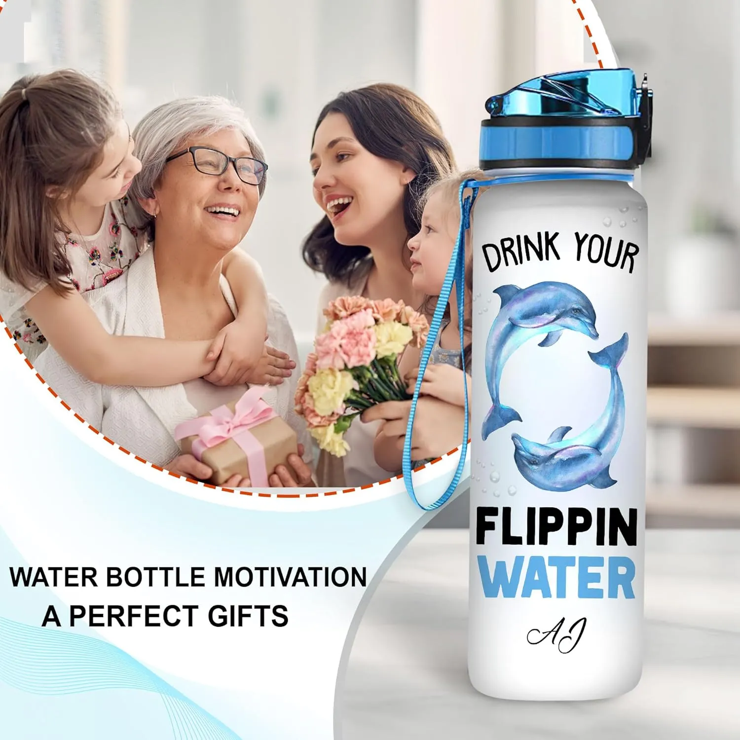 Hyturtle Personalized Dolphin Lovers 32Oz Liter Motivational Water Bottle, Drink Your Flippin Water Customized Name Water Bottle With Time Marker Gift For Women Girl On Birthday, Mother Day's