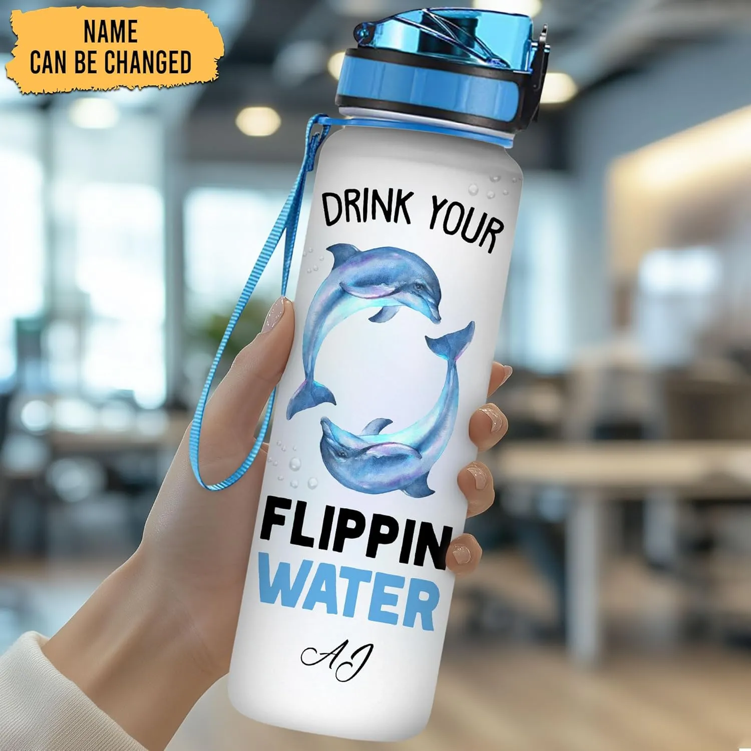 Hyturtle Personalized Dolphin Lovers 32Oz Liter Motivational Water Bottle, Drink Your Flippin Water Customized Name Water Bottle With Time Marker Gift For Women Girl On Birthday, Mother Day's