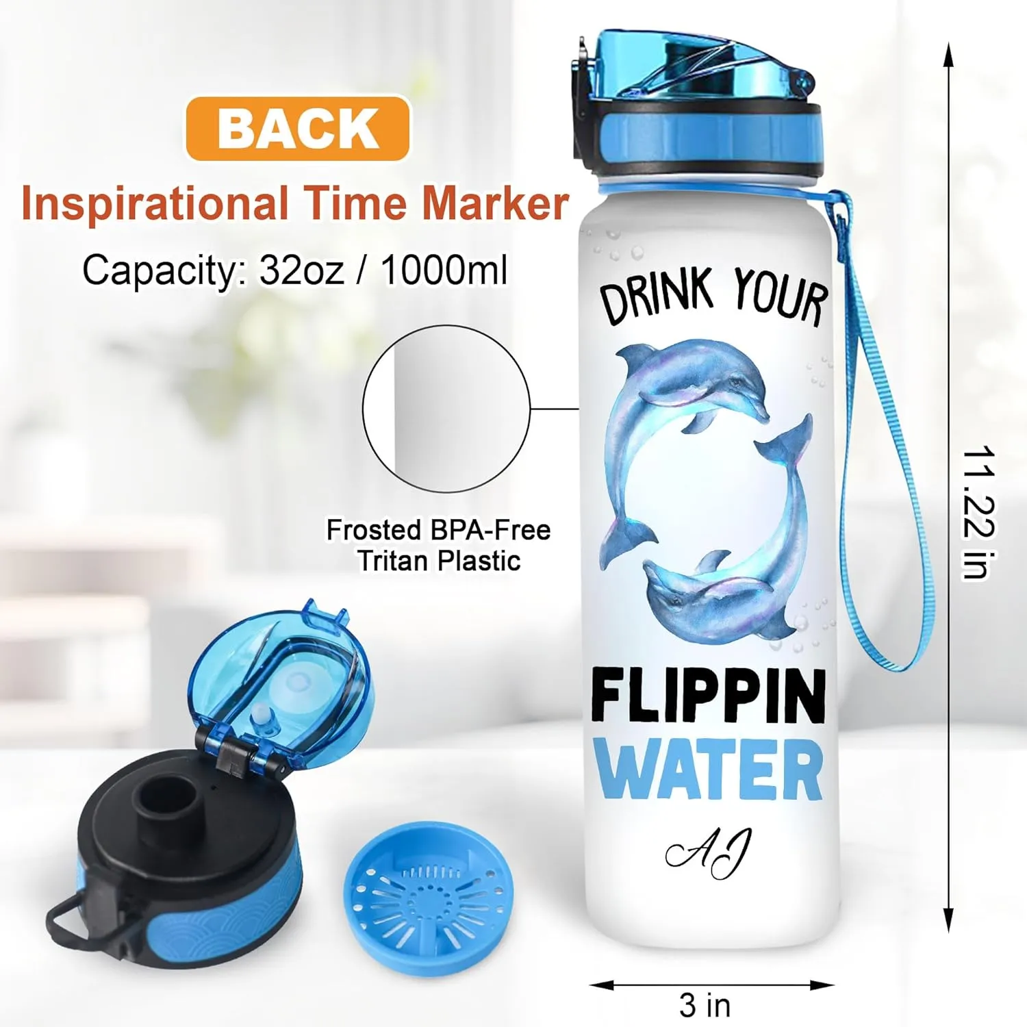 Hyturtle Personalized Dolphin Lovers 32Oz Liter Motivational Water Bottle, Drink Your Flippin Water Customized Name Water Bottle With Time Marker Gift For Women Girl On Birthday, Mother Day's