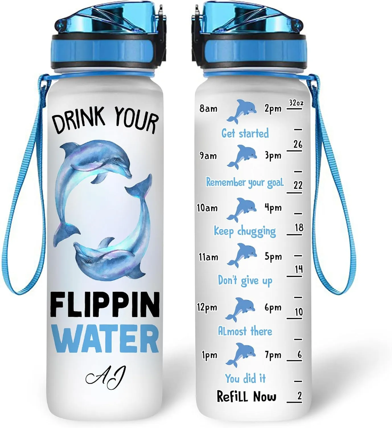 Hyturtle Personalized Dolphin Lovers 32Oz Liter Motivational Water Bottle, Drink Your Flippin Water Customized Name Water Bottle With Time Marker Gift For Women Girl On Birthday, Mother Day's