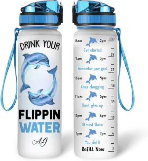 Hyturtle Personalized Dolphin Lovers 32Oz Liter Motivational Water Bottle, Drink Your Flippin Water Customized Name Water Bottle With Time Marker Gift For Women Girl On Birthday, Mother Day's