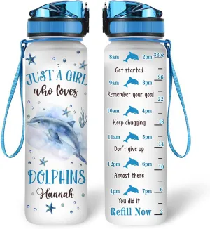 Hyturtle Personalized Dolphin Lovers 32Oz Liter Motivational Water Bottle, Just A Girl Who Loves Dolphins Customized Name Water Bottle With Time Marker Gift For Women Girl On Birthday, Mother Day's