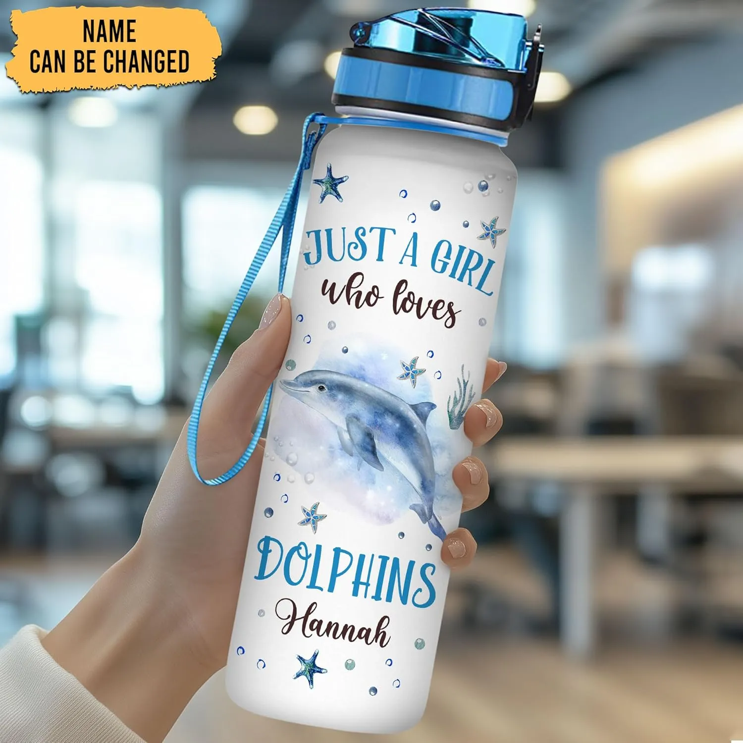 Hyturtle Personalized Dolphin Lovers 32Oz Liter Motivational Water Bottle, Just A Girl Who Loves Dolphins Customized Name Water Bottle With Time Marker Gift For Women Girl On Birthday, Mother Day's