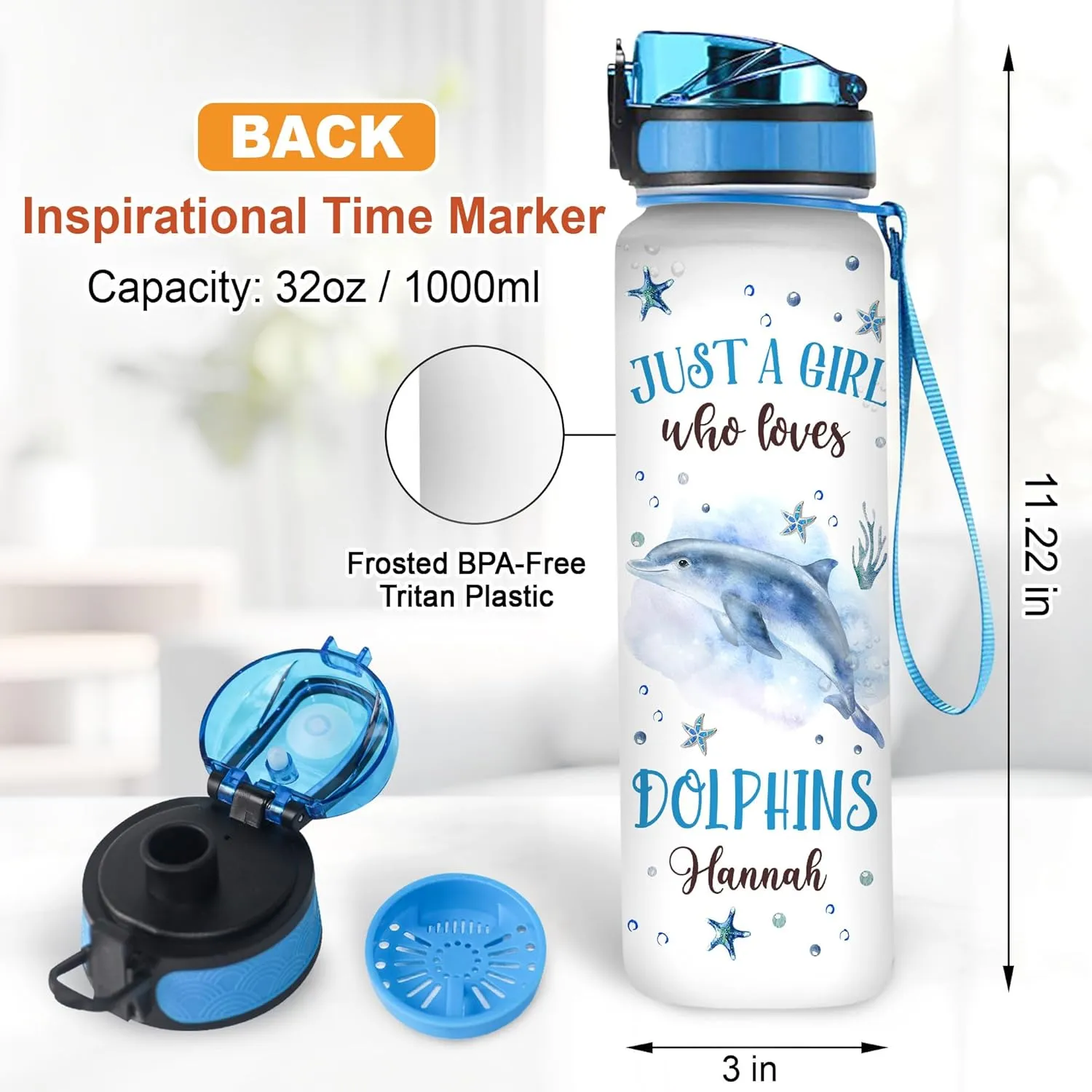 Hyturtle Personalized Dolphin Lovers 32Oz Liter Motivational Water Bottle, Just A Girl Who Loves Dolphins Customized Name Water Bottle With Time Marker Gift For Women Girl On Birthday, Mother Day's