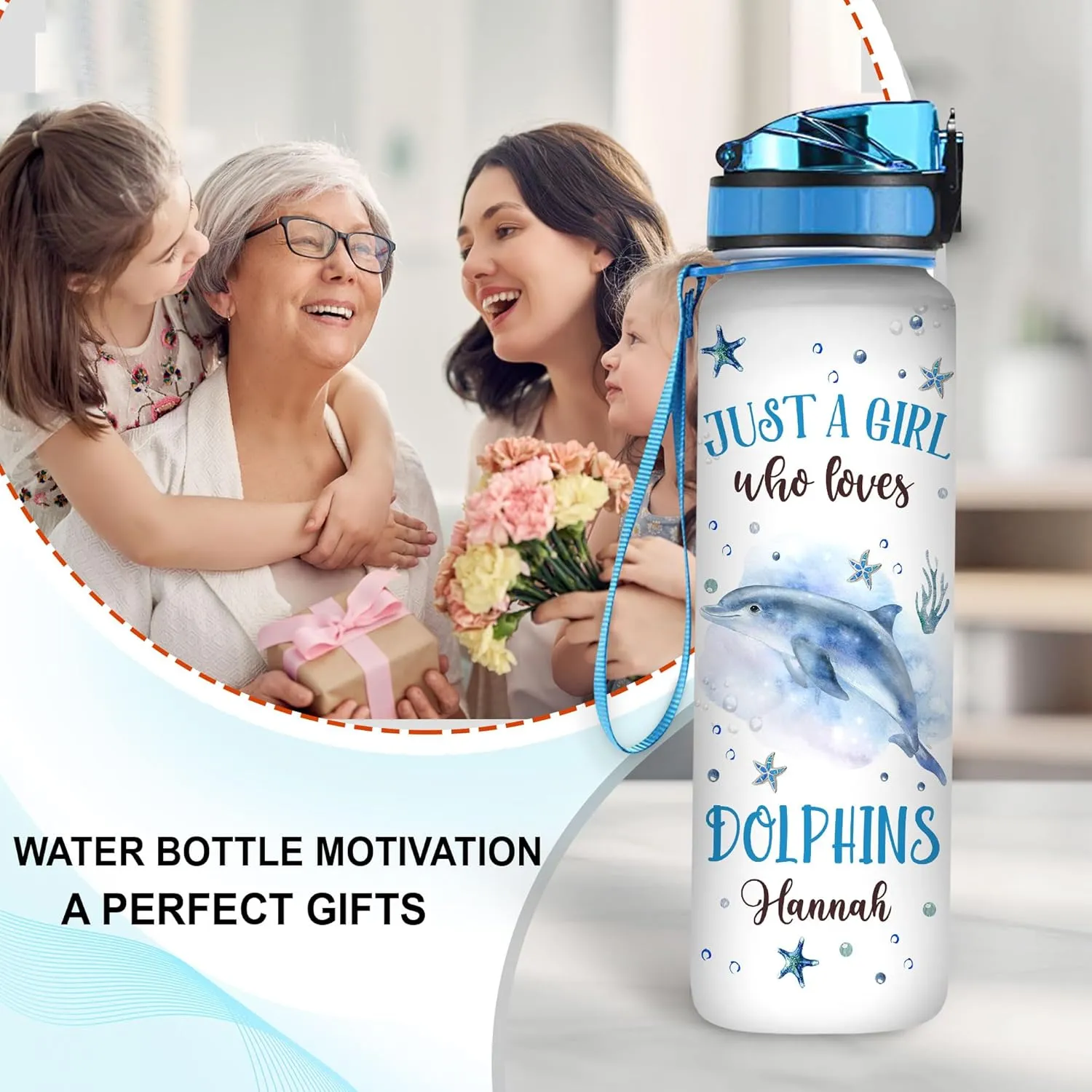 Hyturtle Personalized Dolphin Lovers 32Oz Liter Motivational Water Bottle, Just A Girl Who Loves Dolphins Customized Name Water Bottle With Time Marker Gift For Women Girl On Birthday, Mother Day's