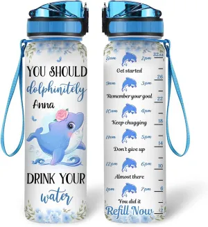 Hyturtle Personalized Dolphin Lovers 32Oz Liter Motivational Water Bottle, You Should Dolphinitely Customized Name Water Bottle With Time Marker Gift For Women Girl On Birthday, Mother Day's