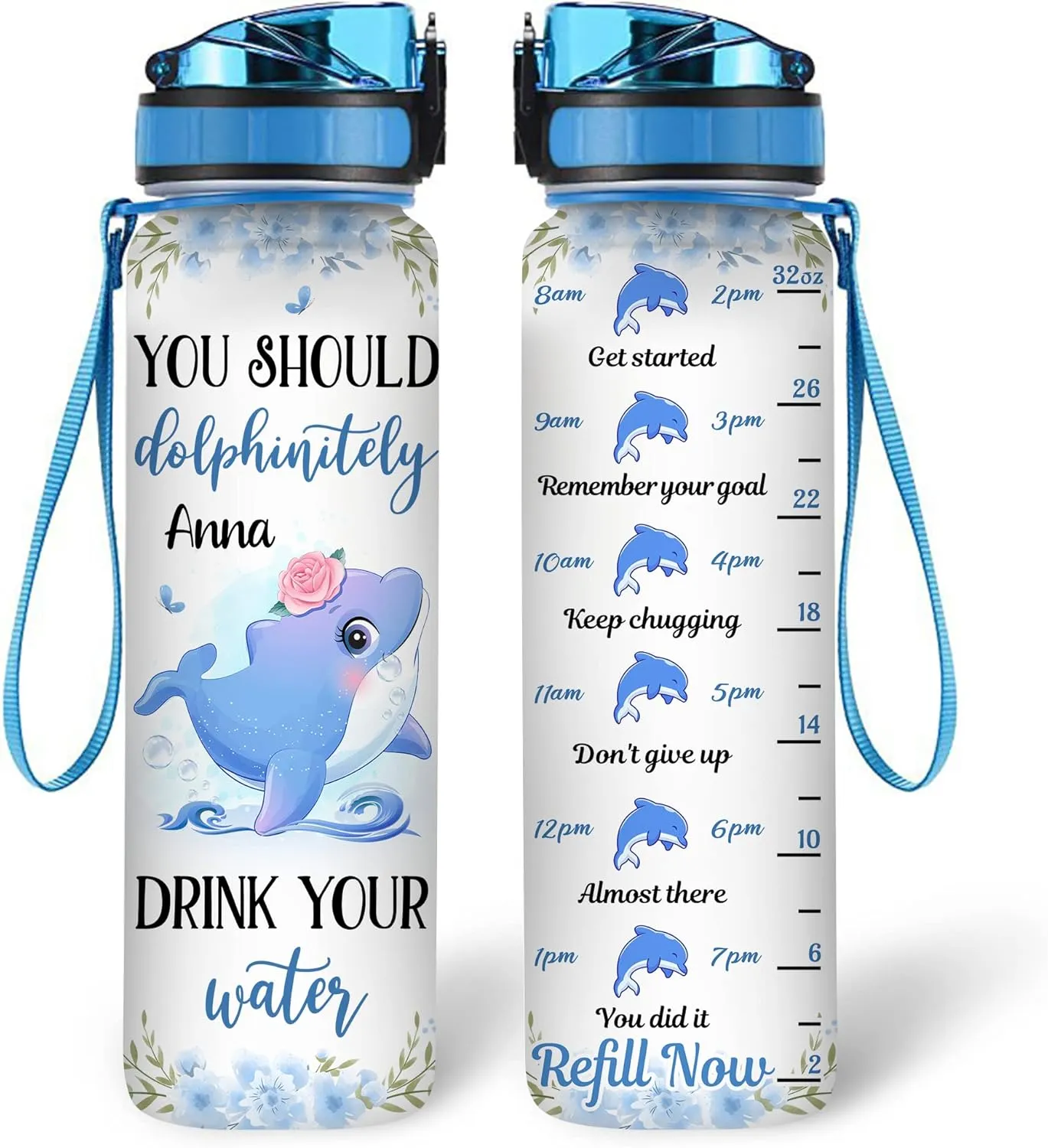 Hyturtle Personalized Dolphin Lovers 32Oz Liter Motivational Water Bottle, You Should Dolphinitely Customized Name Water Bottle With Time Marker Gift For Women Girl On Birthday, Mother Day's
