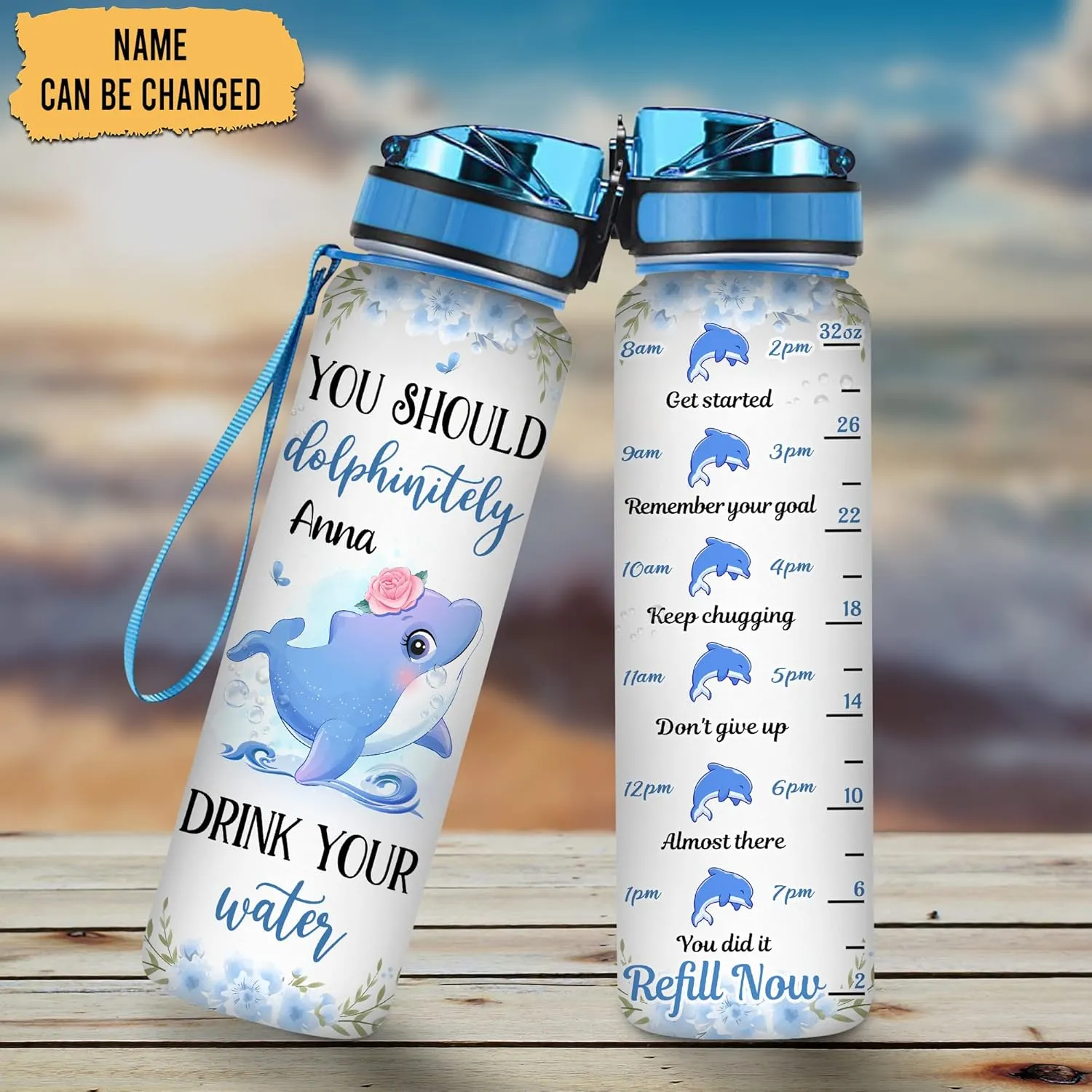 Hyturtle Personalized Dolphin Lovers 32Oz Liter Motivational Water Bottle, You Should Dolphinitely Customized Name Water Bottle With Time Marker Gift For Women Girl On Birthday, Mother Day's