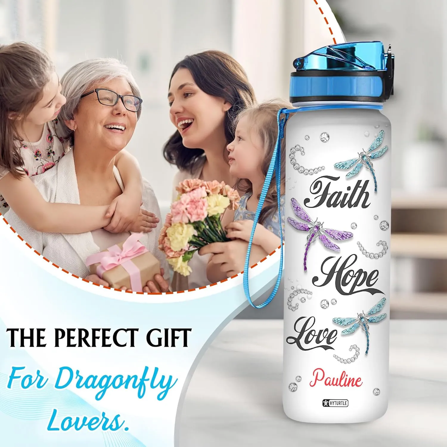 Hyturtle Personalized Dragonfly Water Bottle - 32oz Motivational Water Bottle with Leak-Proof Lid & Time Marker - Custom Name Faith-Inspired Gift for Women, Dragonfly Lovers on Birthday Christmas