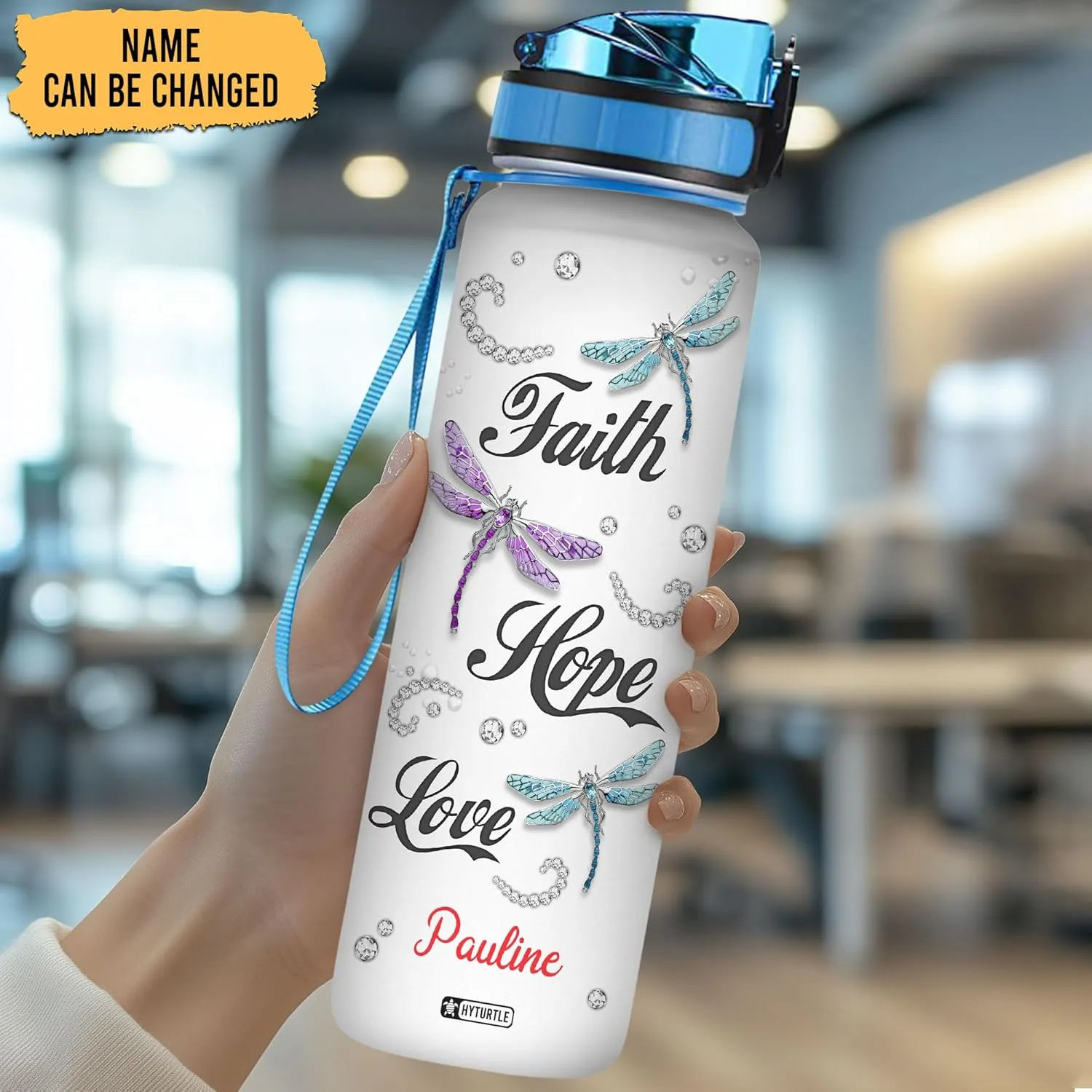 Hyturtle Personalized Dragonfly Water Bottle - 32oz Motivational Water Bottle with Leak-Proof Lid & Time Marker - Custom Name Faith-Inspired Gift for Women, Dragonfly Lovers on Birthday Christmas
