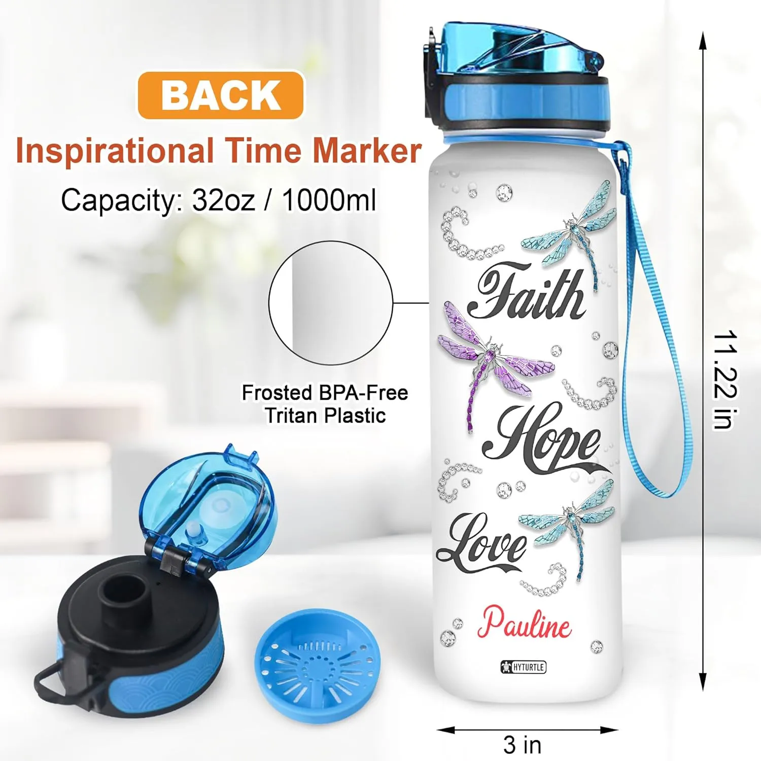 Hyturtle Personalized Dragonfly Water Bottle - 32oz Motivational Water Bottle with Leak-Proof Lid & Time Marker - Custom Name Faith-Inspired Gift for Women, Dragonfly Lovers on Birthday Christmas