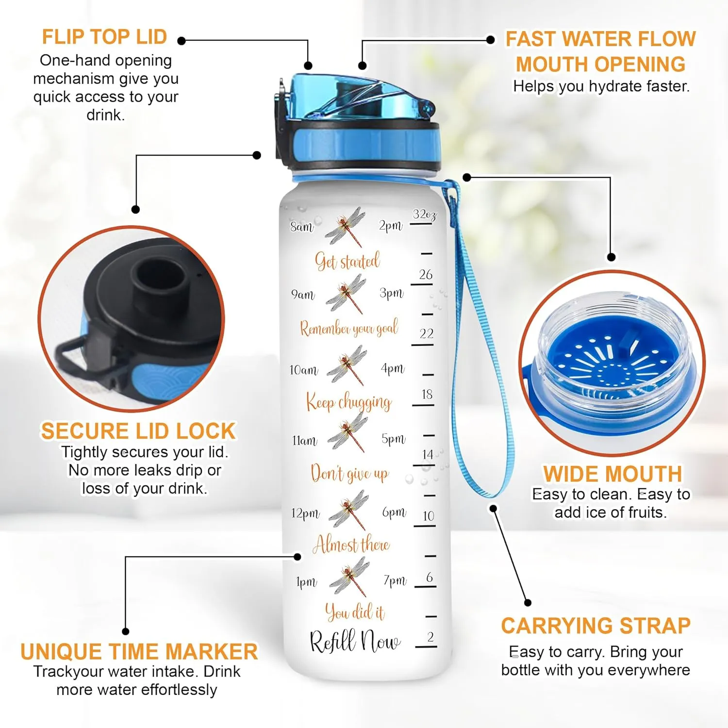 Hyturtle Personalized Dragonfly Water Bottle - 32oz Motivational Water Bottle with Leak-Proof Lid, Time Marker - Custom Name Faith-Inspired Gift for Women, Dragonfly Lovers On Birthday Christmas