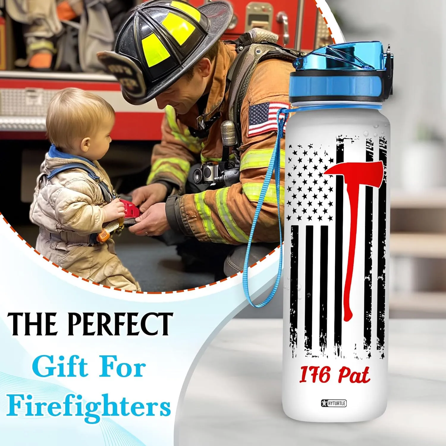 Hyturtle Personalized Firefighter Water Bottle - 32oz Motivational Travel Bottle with Leak-Proof Lid Time Marker - Custom Name Gift for Women Wife From Husband, Fireman - Birthday & Christmas Gift