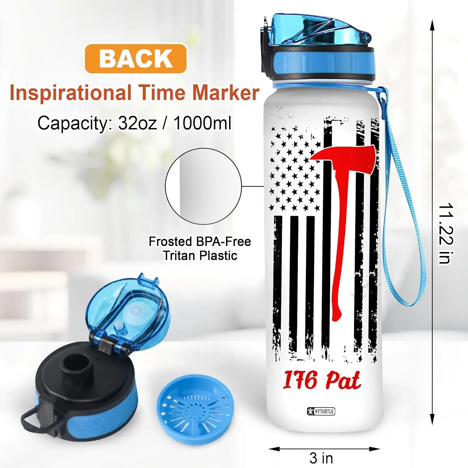 Hyturtle Personalized Firefighter Water Bottle - 32oz Motivational Travel Bottle with Leak-Proof Lid Time Marker - Custom Name Gift for Women Wife From Husband, Fireman - Birthday & Christmas Gift