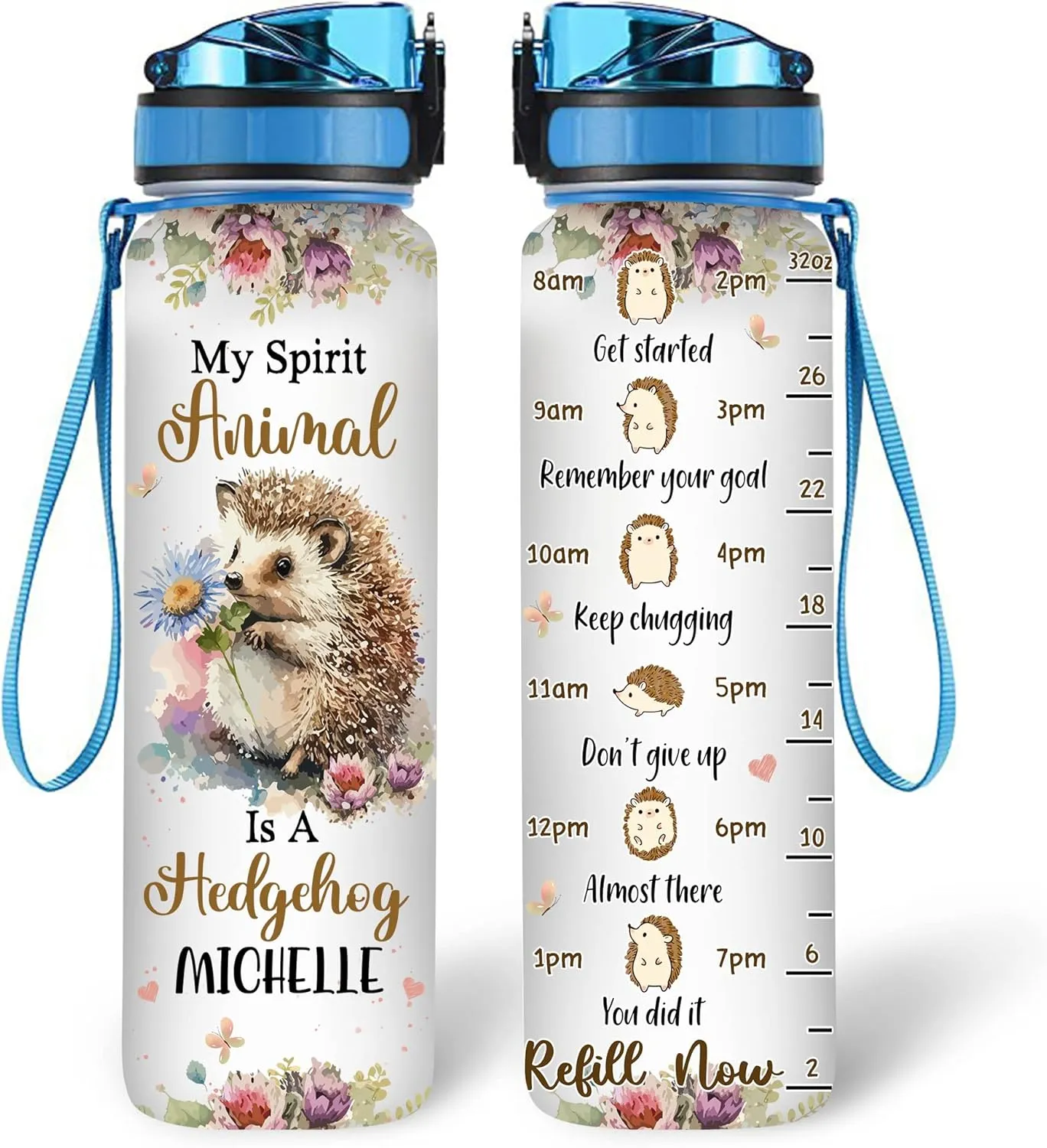 Hyturtle Personalized Hedgehog Lovers 32 Oz 1Liter Motivational Water Bottle, My Spirit Animal Is A Hedgehog Custom Name Water Bottle With Time Marker, Gifts For Women Girl On Birthday, Christmas