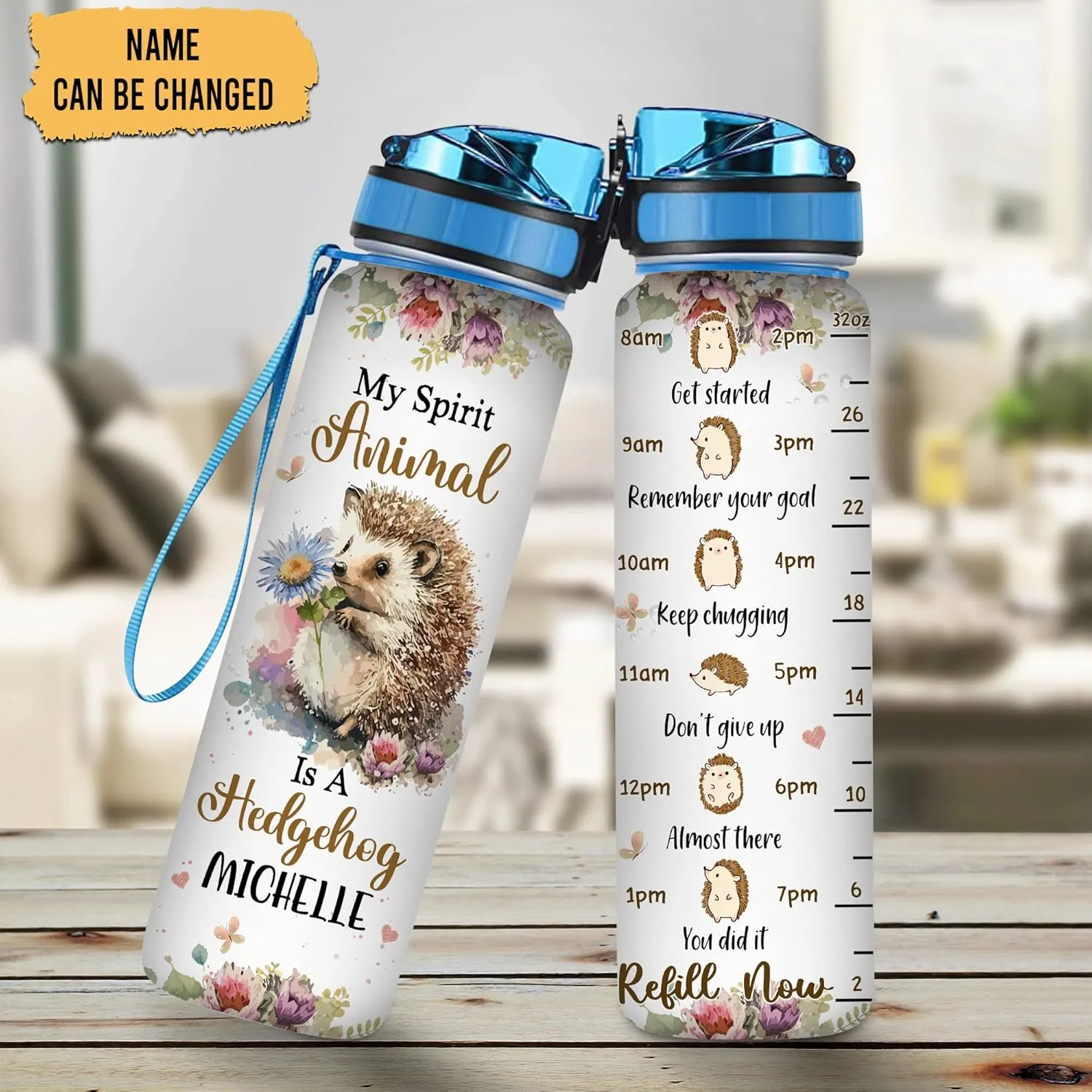 Hyturtle Personalized Hedgehog Lovers 32 Oz 1Liter Motivational Water Bottle, My Spirit Animal Is A Hedgehog Custom Name Water Bottle With Time Marker, Gifts For Women Girl On Birthday, Christmas