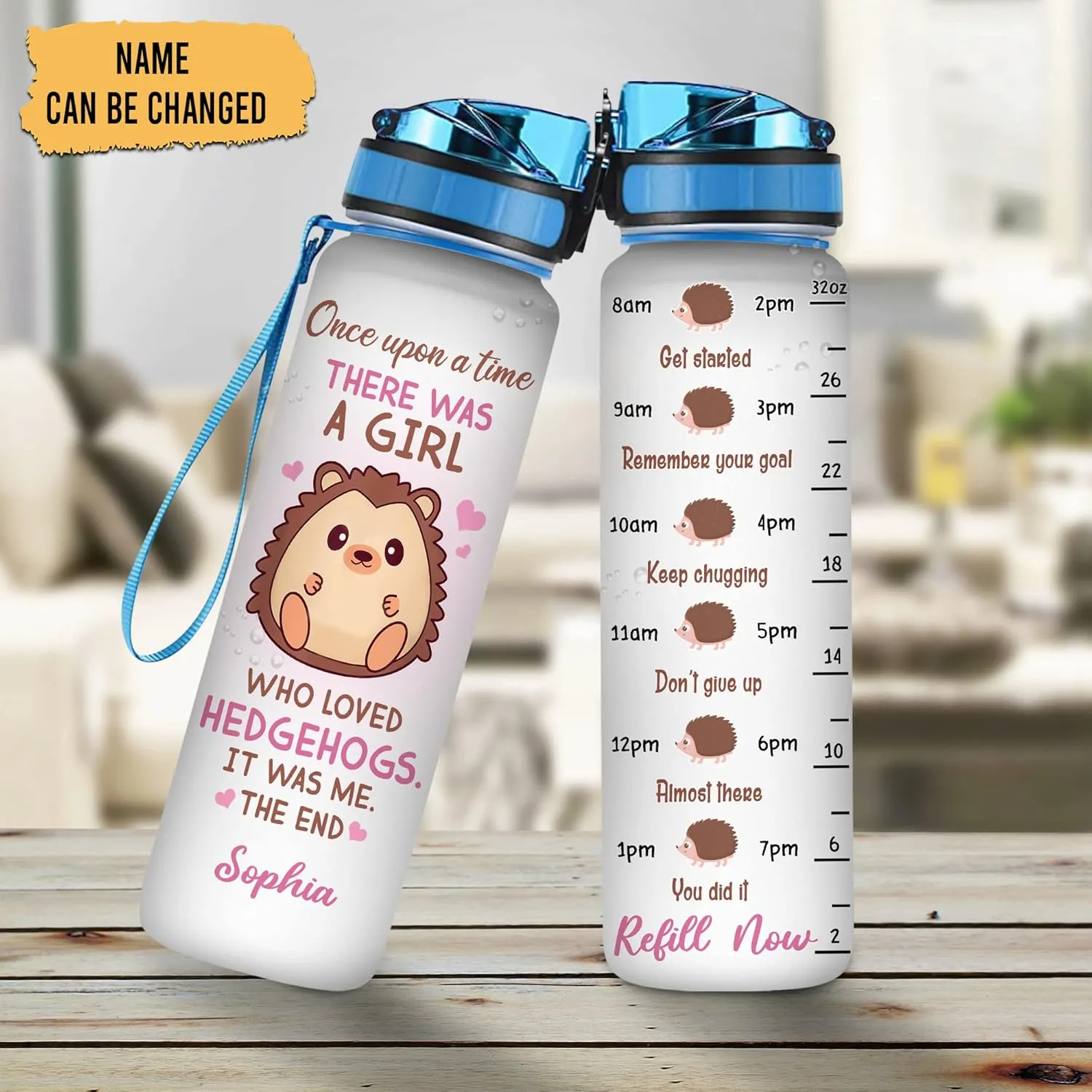 Hyturtle Personalized Hedgehog Lovers 32 Oz 1Liter Motivational Water Bottle, Once Upon A Time Girl Loved Hedgehogs Custom Water Bottle With Time Marker, Gifts For Women Girl On Birthday, Christmas