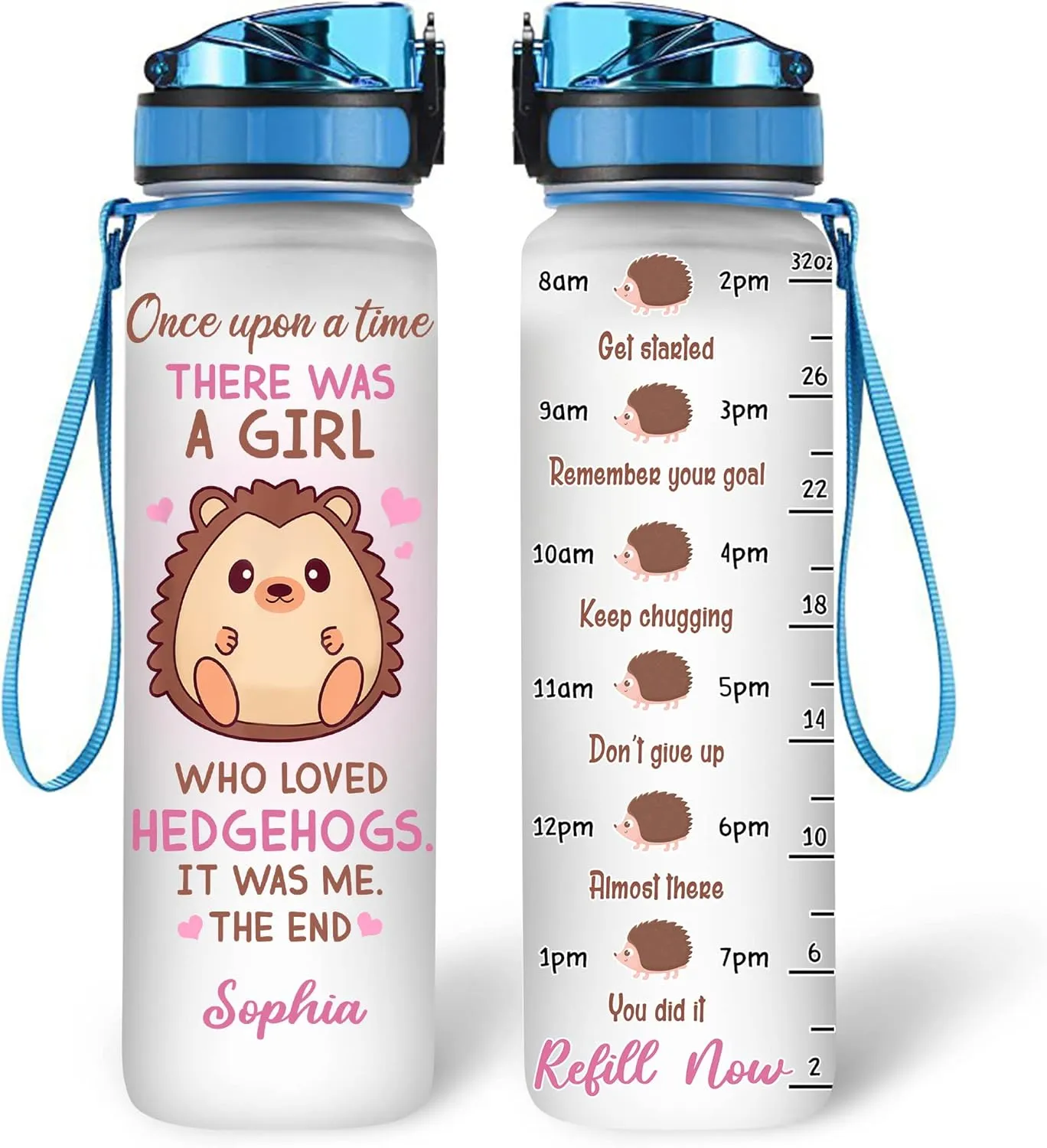 Hyturtle Personalized Hedgehog Lovers 32 Oz 1Liter Motivational Water Bottle, Once Upon A Time Girl Loved Hedgehogs Custom Water Bottle With Time Marker, Gifts For Women Girl On Birthday, Christmas