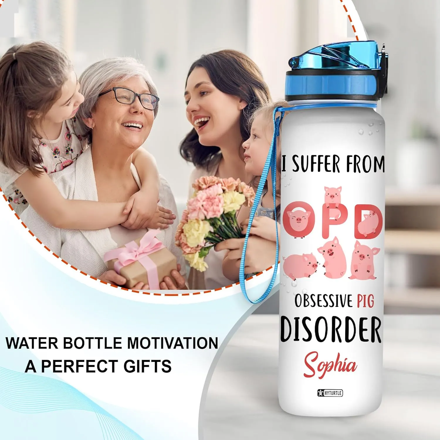 Hyturtle Personalized I Suffer From Obsessive Pig Disorder 32Oz Liter Motivational Water Bottle, Customized Name With Time Marker, Gift For Women Men Friends Kids Pig Lovers On Birthday Mother's Day