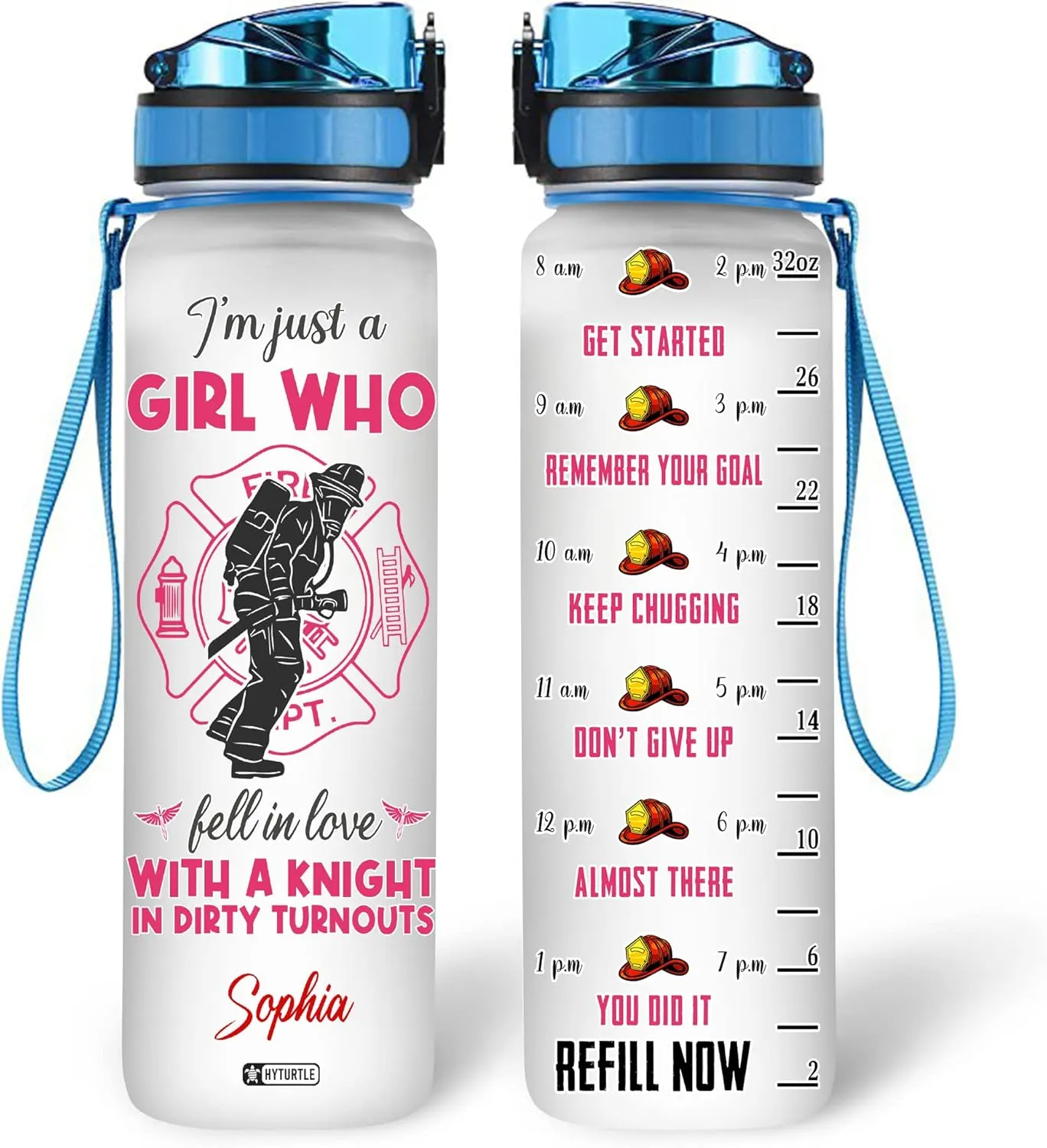 Hyturtle Personalized I'm Just A Girl Who Fell In Love With A Knight Firefighter 32oz Liter Motivational Water Bottle, Customized Name With Time Marker, Gifts For Women Girl Firefighters On Birthday