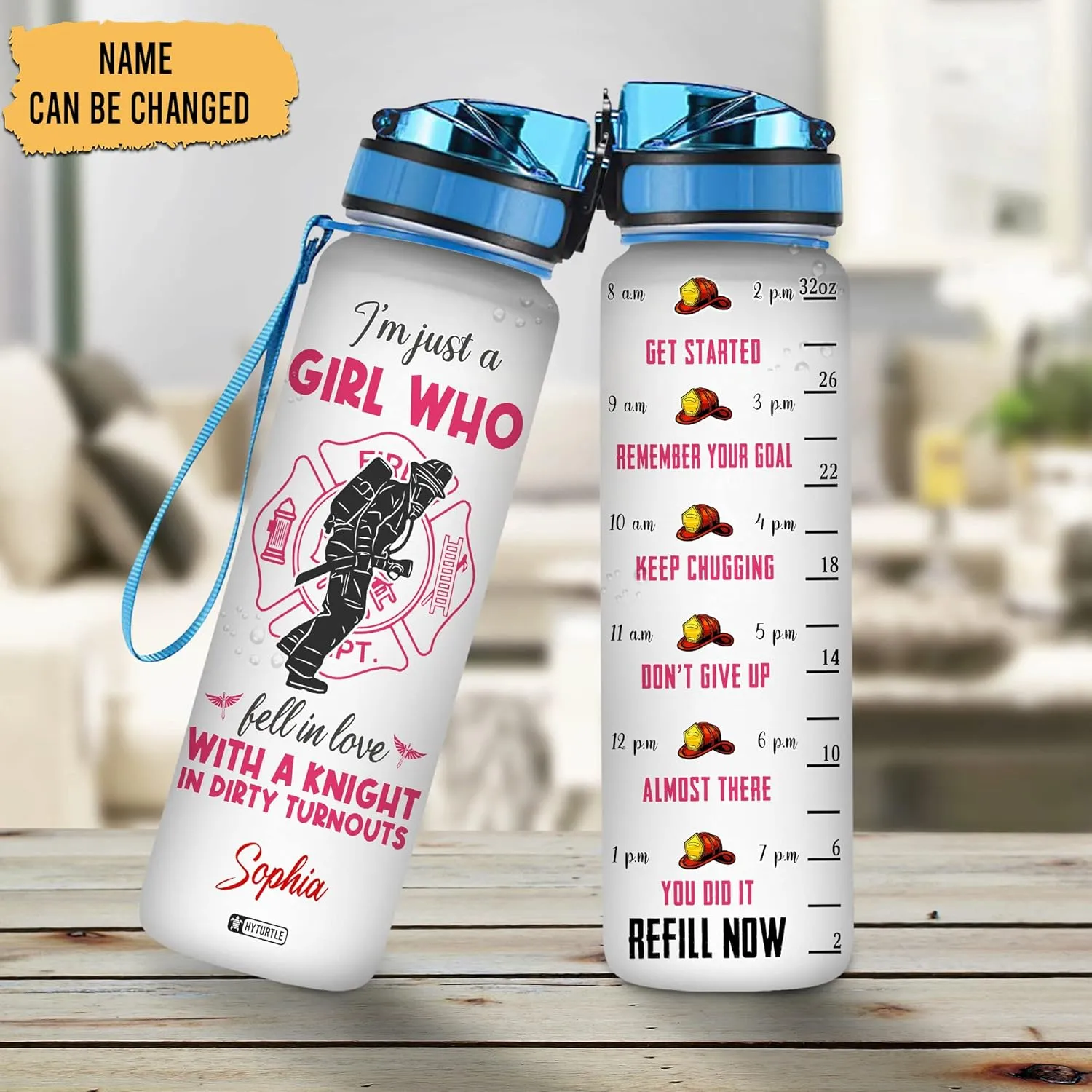 Hyturtle Personalized I'm Just A Girl Who Fell In Love With A Knight Firefighter 32oz Liter Motivational Water Bottle, Customized Name With Time Marker, Gifts For Women Girl Firefighters On Birthday