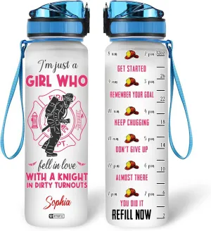 Hyturtle Personalized I'm Just A Girl Who Fell In Love With A Knight Firefighter 32oz Liter Motivational Water Bottle, Customized Name With Time Marker, Gifts For Women Girl Firefighters On Birthday