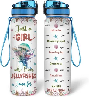 Hyturtle Personalized Jellyfish Lovers 32 Oz 1Liter Motivational Water Bottle With Time Marker, Just A Girl Who Loves Jellyfishes, Sea Animal Lovers Gifts For Women, Girl On Birthday, Christmas