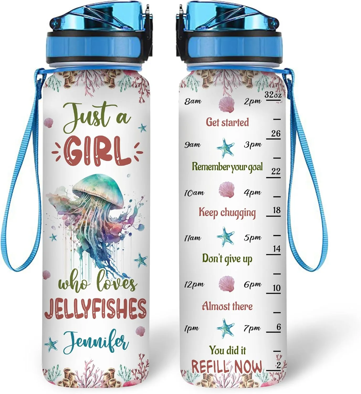 Hyturtle Personalized Jellyfish Lovers 32 Oz 1Liter Motivational Water Bottle With Time Marker, Just A Girl Who Loves Jellyfishes, Sea Animal Lovers Gifts For Women, Girl On Birthday, Christmas