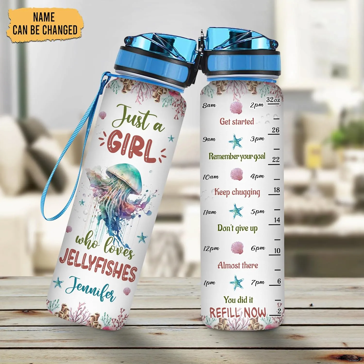 Hyturtle Personalized Jellyfish Lovers 32 Oz 1Liter Motivational Water Bottle With Time Marker, Just A Girl Who Loves Jellyfishes, Sea Animal Lovers Gifts For Women, Girl On Birthday, Christmas