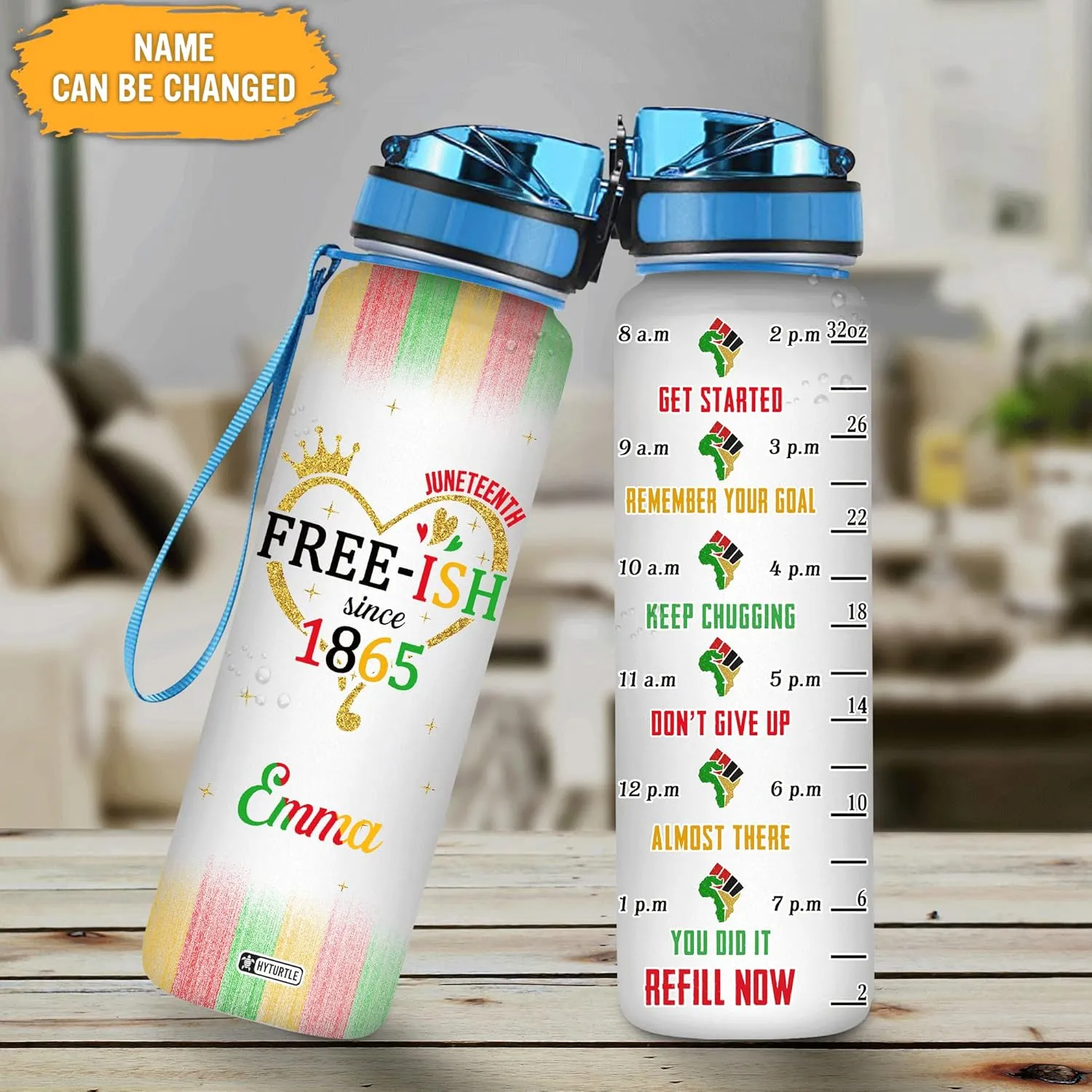 Hyturtle Personalized Juneteenth Free-ish Since 1985 African American 32oz Liter Motivational Water Bottle, Customized Name With Time Marker, Gifts For Black Women Men On Juneteenth Independence Day