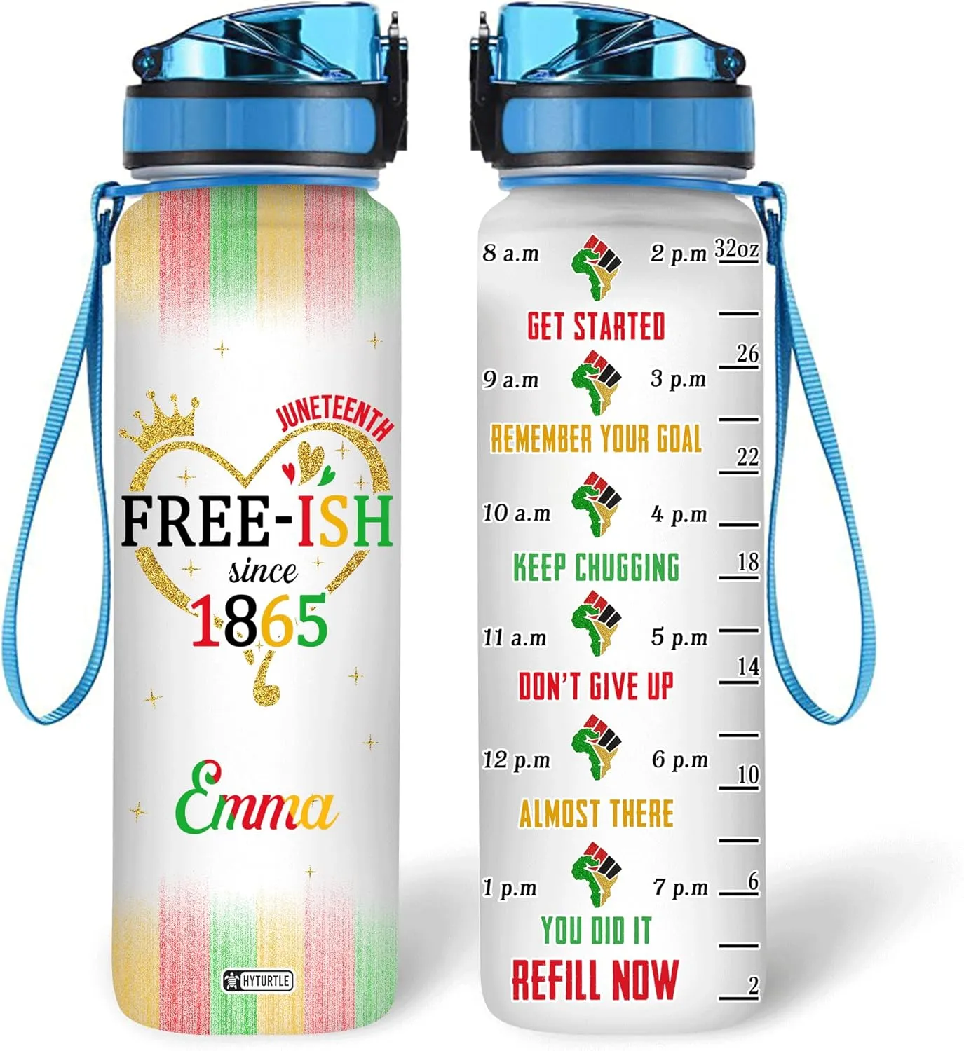 Hyturtle Personalized Juneteenth Free-ish Since 1985 African American 32oz Liter Motivational Water Bottle, Customized Name With Time Marker, Gifts For Black Women Men On Juneteenth Independence Day