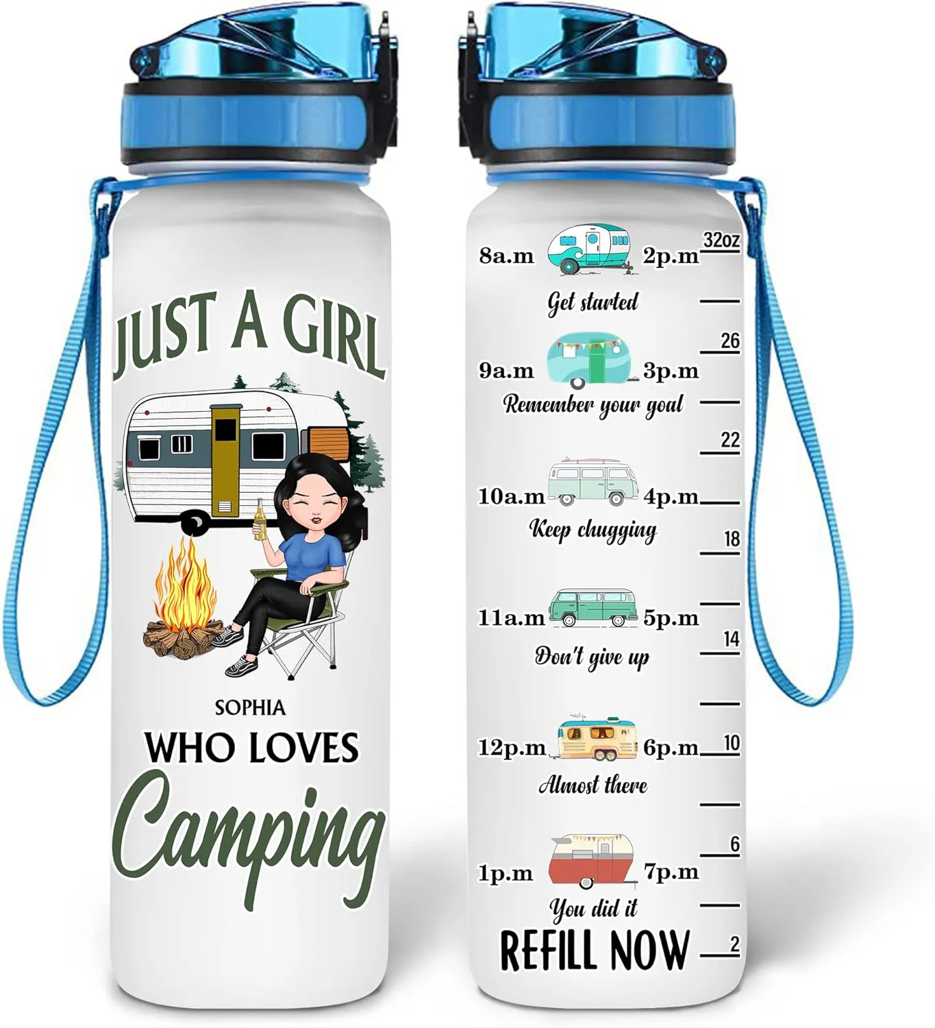 Hyturtle Personalized Just A Girl Who Loves Camping 32oz 1Liter Motivational Water Bottle, Customized Tracking Camper Bottle With Time Marker Gifts For Girls, Lovers On Birthday, 5.7 x 7 x29.5(cm)
