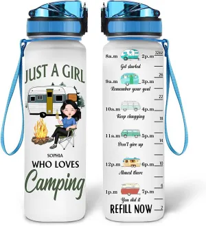 Hyturtle Personalized Just A Girl Who Loves Camping 32oz 1Liter Motivational Water Bottle, Customized Tracking Camper Bottle With Time Marker Gifts For Girls, Lovers On Birthday, 5.7 x 7 x29.5(cm)