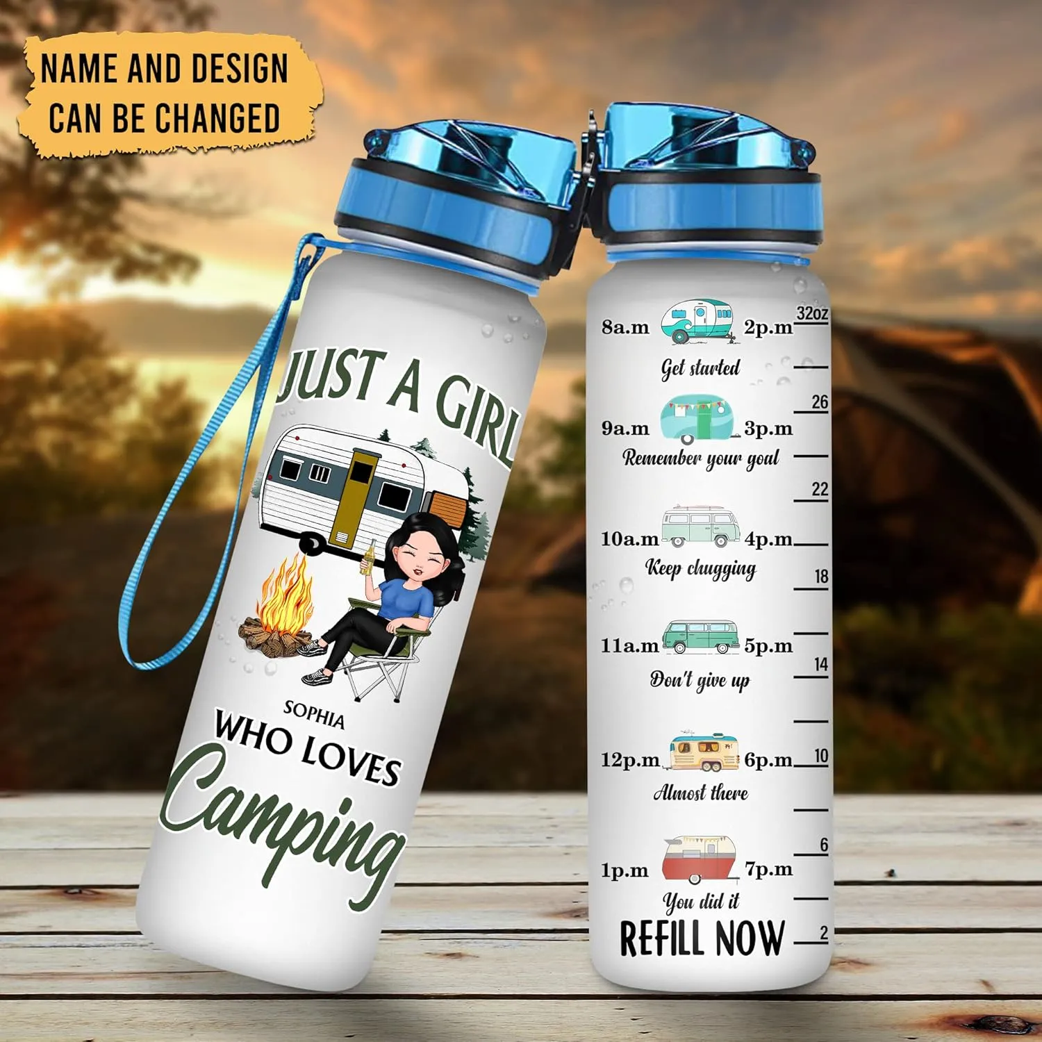 Hyturtle Personalized Just A Girl Who Loves Camping 32oz 1Liter Motivational Water Bottle, Customized Tracking Camper Bottle With Time Marker Gifts For Girls, Lovers On Birthday, 5.7 x 7 x29.5(cm)