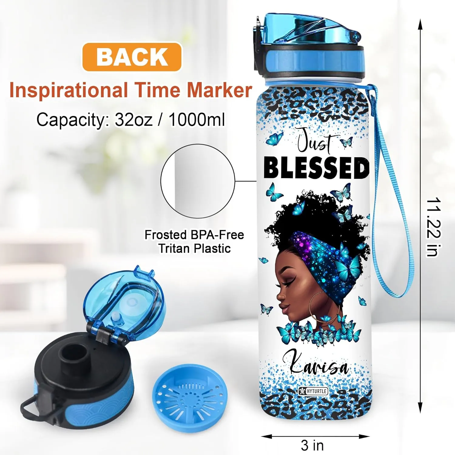 Hyturtle Personalized Just Blessed You Are Beautiful Black Women 32Oz Liter Motivational Water Bottle, Customized Africa American Water Bottle With Time Marker Gifts For Black Women Girls On Birthday
