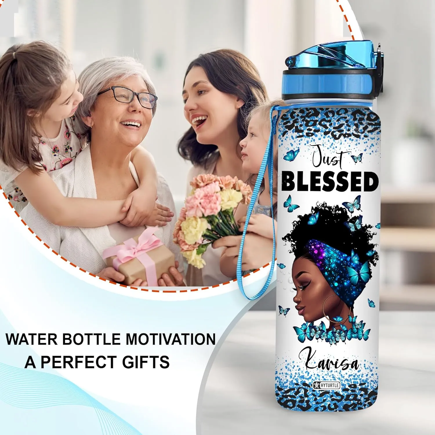 Hyturtle Personalized Just Blessed You Are Beautiful Black Women 32Oz Liter Motivational Water Bottle, Customized Africa American Water Bottle With Time Marker Gifts For Black Women Girls On Birthday