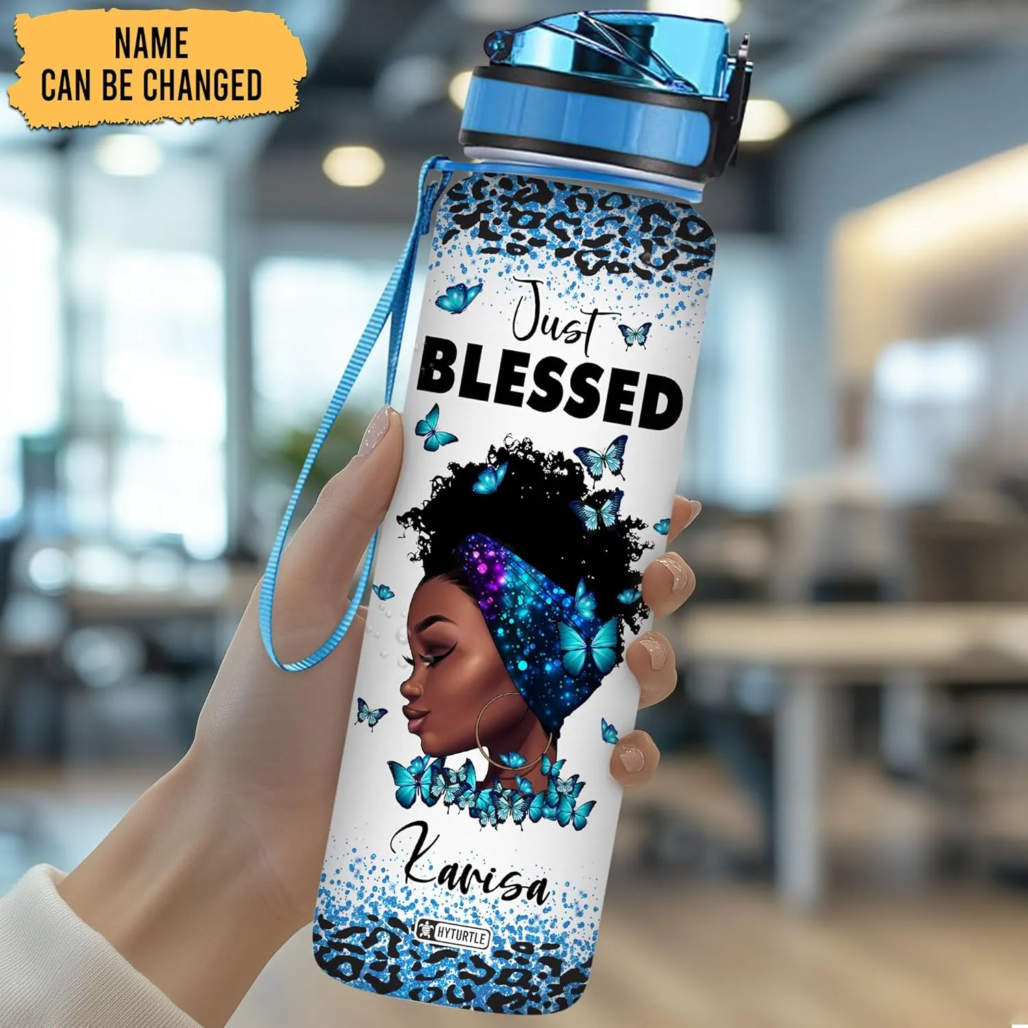 Hyturtle Personalized Just Blessed You Are Beautiful Black Women 32Oz Liter Motivational Water Bottle, Customized Africa American Water Bottle With Time Marker Gifts For Black Women Girls On Birthday